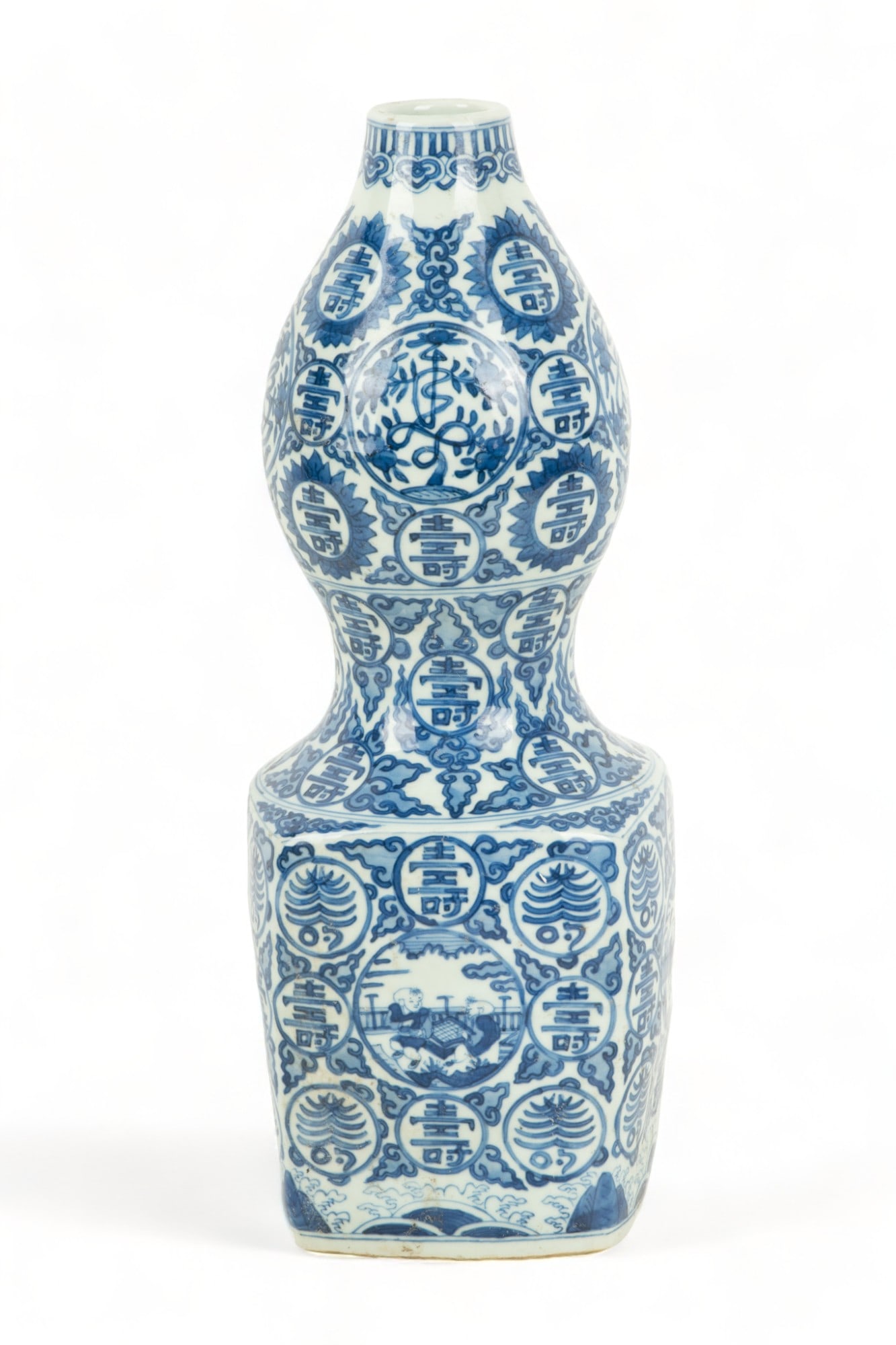 Chinese Blue & White Porcelain Vase, H 14" W 5.5": Chinese Blue & White Porcelain Vase, H 14" W 5.5" | the vase offers calligraphic and figural motifs in the round. Having six character Ming Dynasty Wanli Reign character marks (大明萬