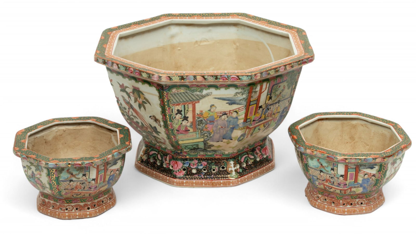 Chinese Rose Medallion Porcelain Planters, Ca. 20th C., H 9.25" Dia. 16" 3 pcs (1 of 4)