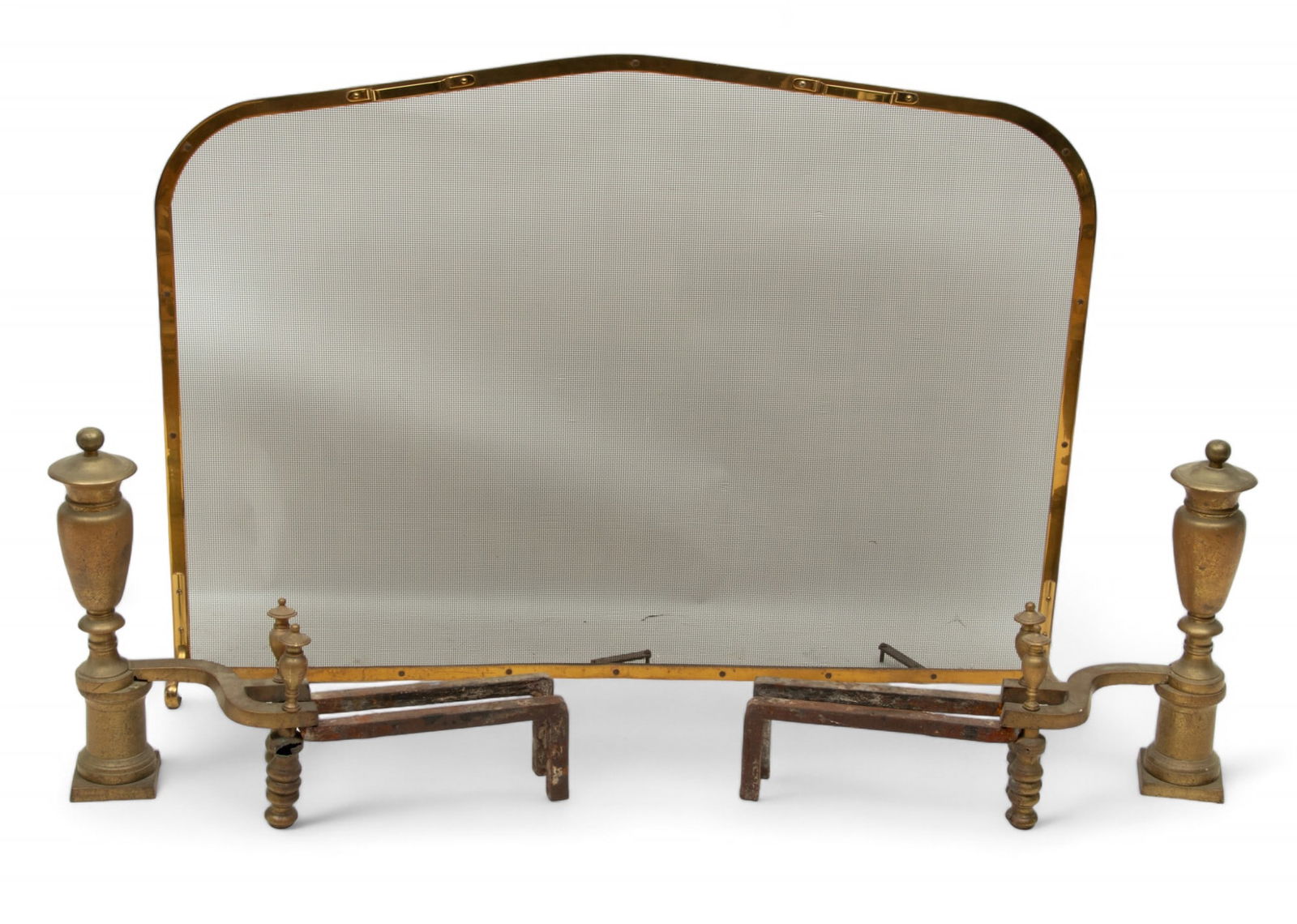 Pair of Brass Andiron And Fire Screen. H 21" W 11" Depth 27" (1 of 2)