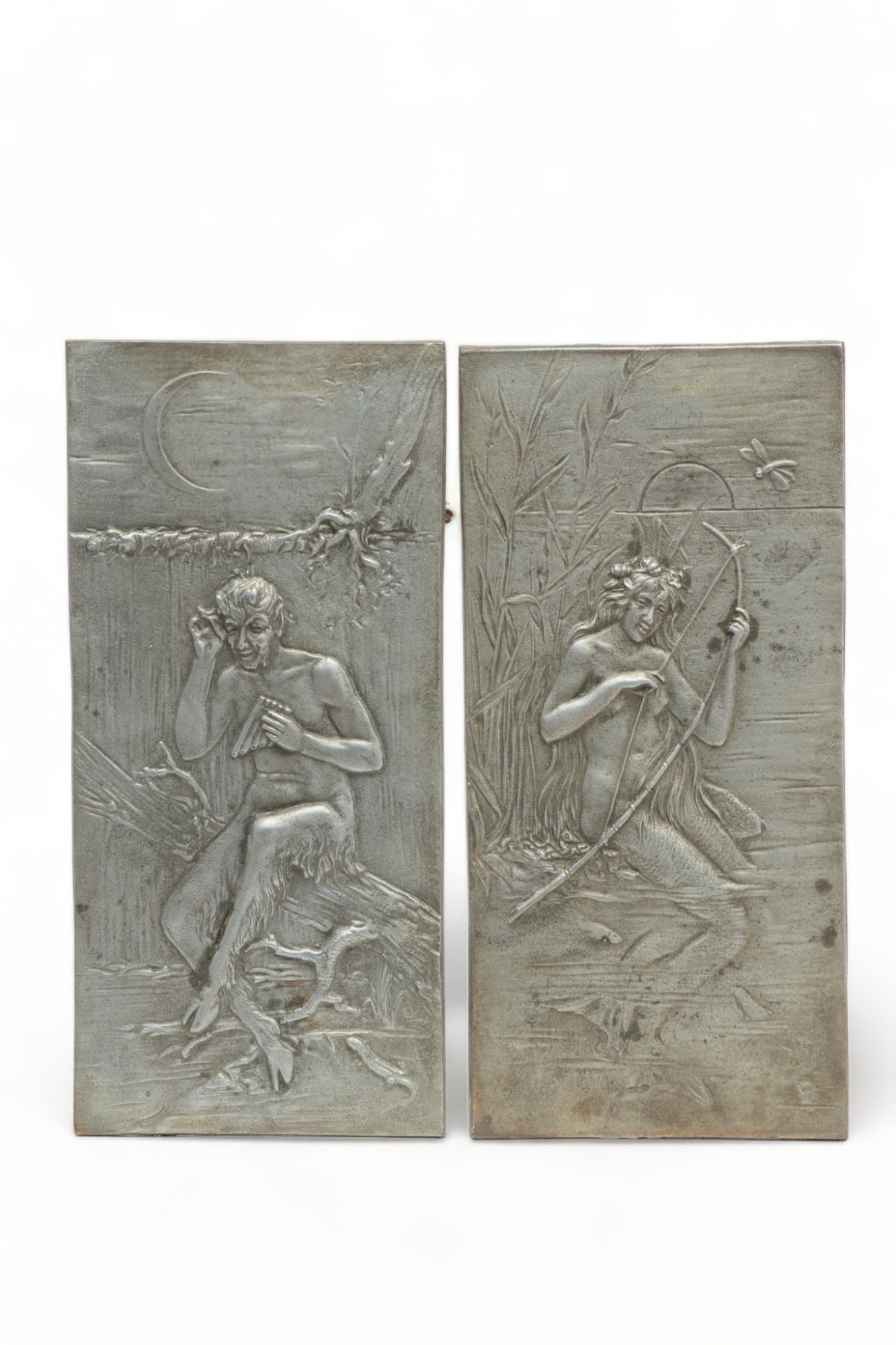 Lead Figural Relief Plaques, Ca. 1900, "Mermaid And Satyr", H 10.5" W 5" 2 pcs (1 of 2)