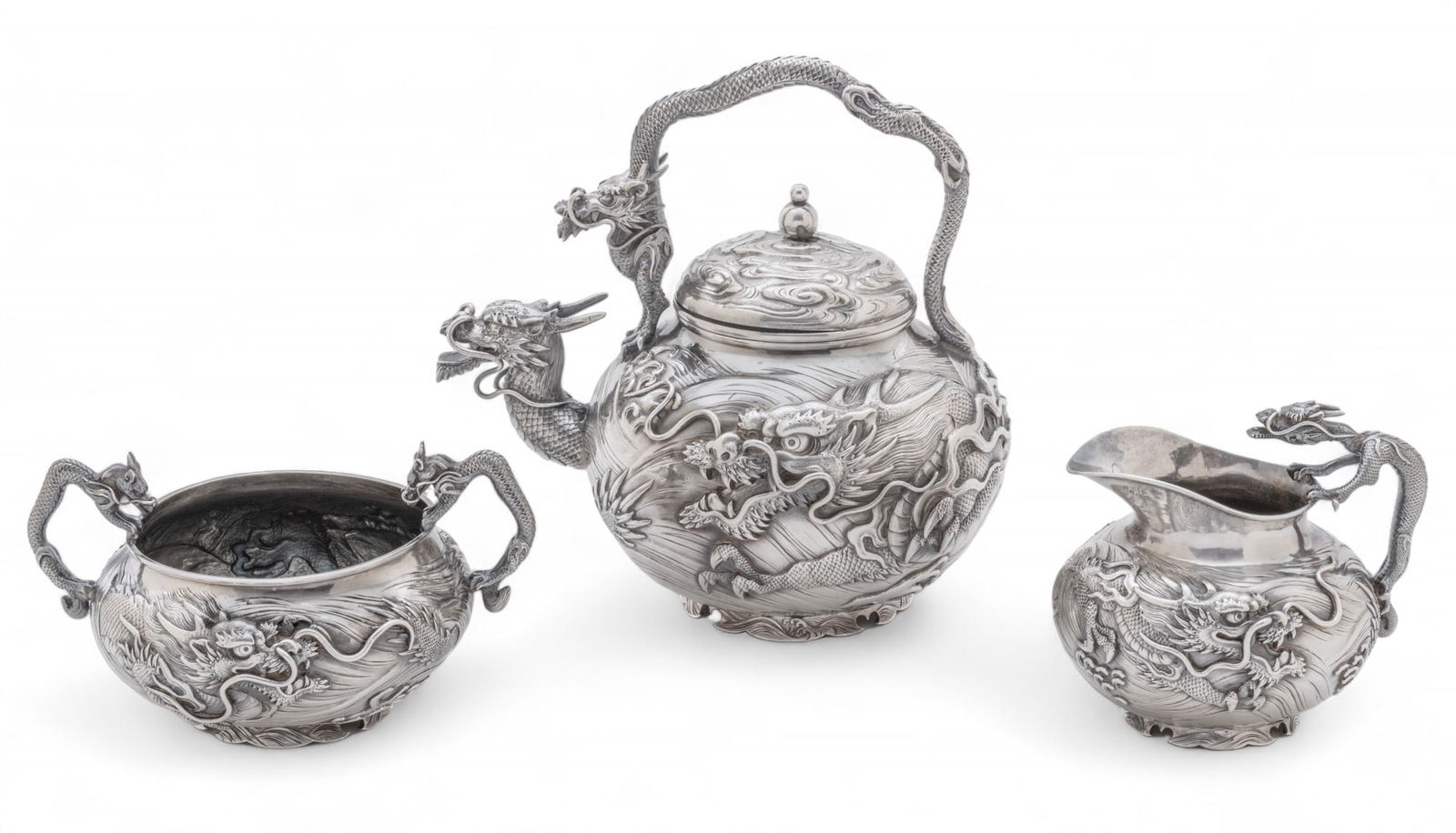 Japanese Export Sterling Silver Teapot, Creamer And Sugar, Meiji Era, 28.9t oz 3 pcs (1 of 15)
