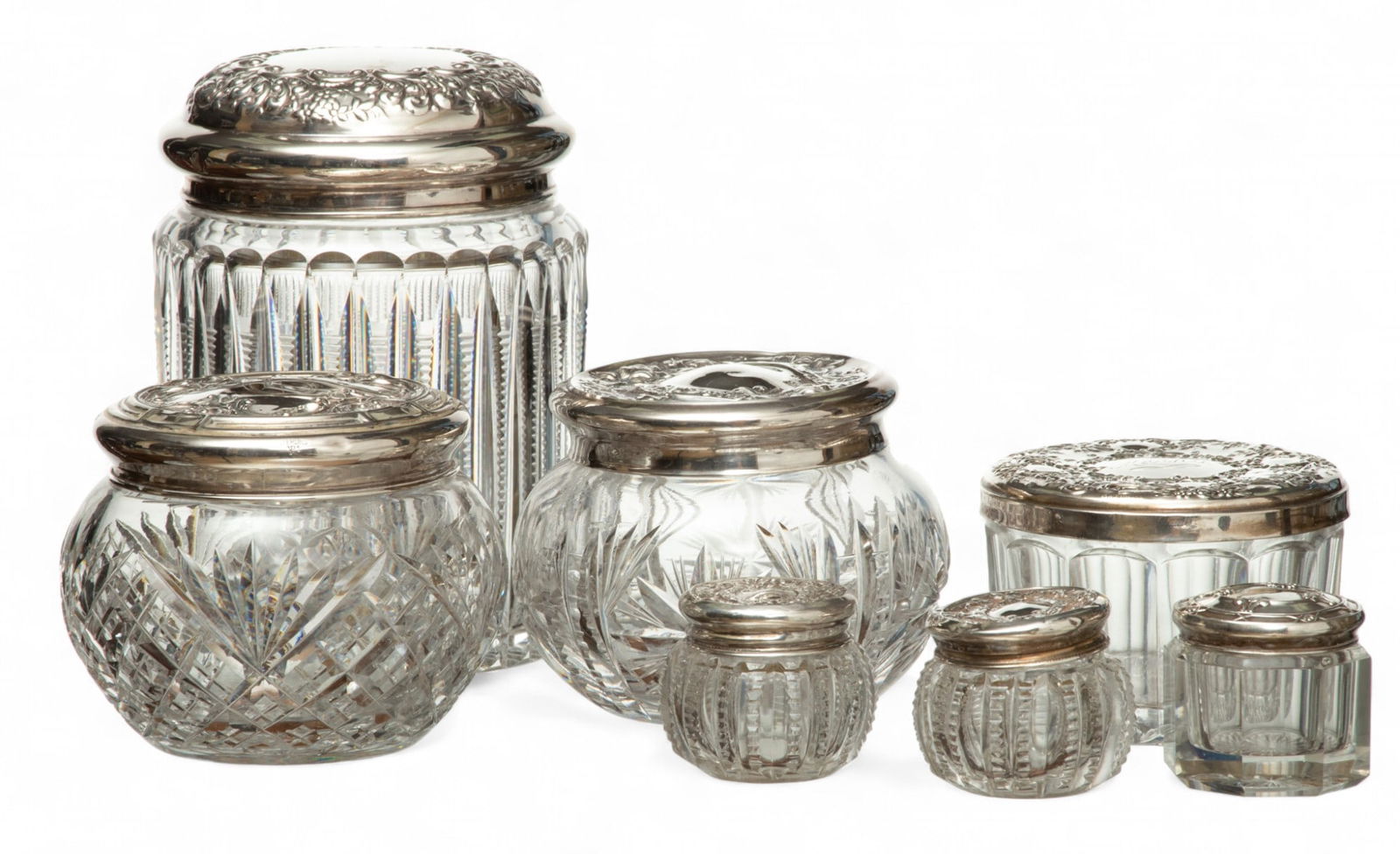 Sterling Silver & Crystal Cosmetic Jars, Ca. 1900, H 5.5" Dia. 4" 7 pcs (1 of 4)