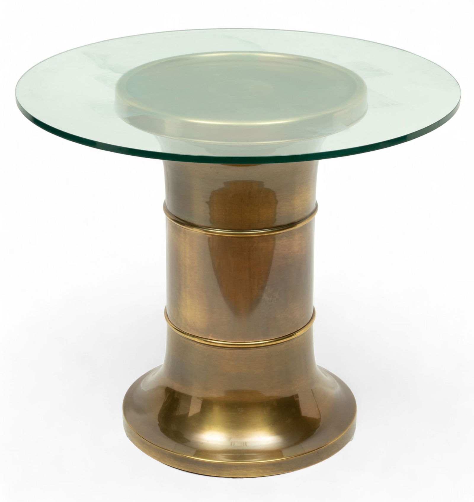 Mastercraft Furniture Co. (Grand Rapids, MI) Brass Drum Style Side Table with Glass Top, Ca. 1970s, (1 of 2)