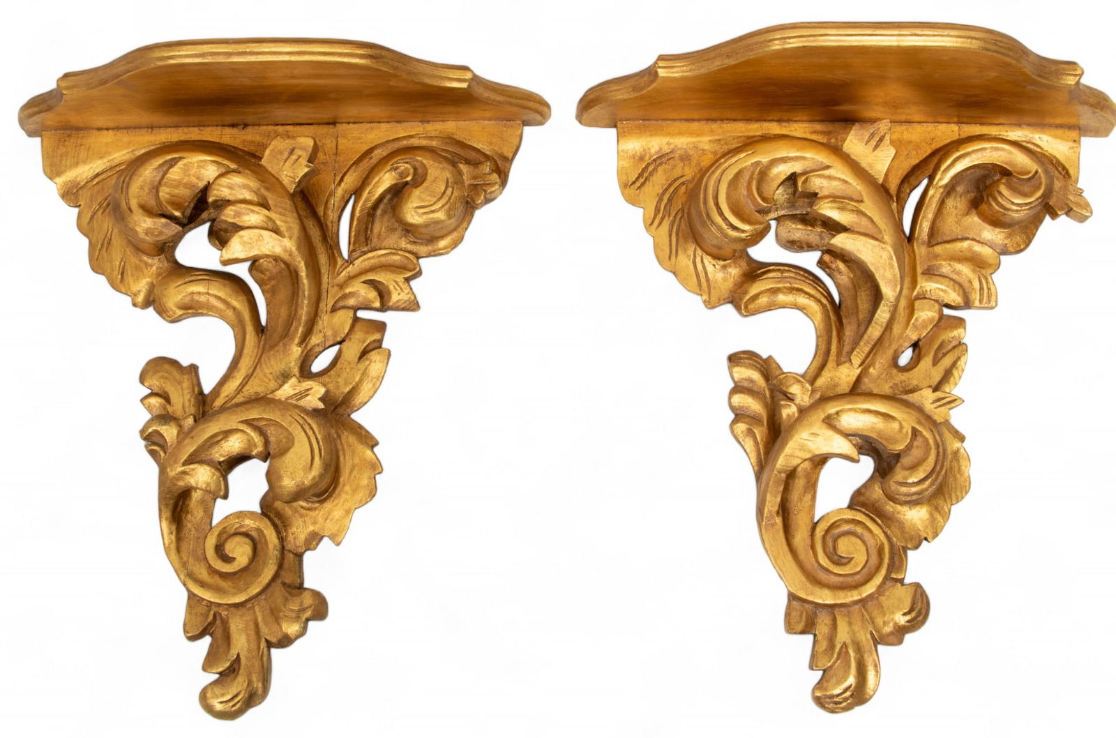 Pair of Florentine Carved Giltwood Wall Shelves,  20th C., H 20" W 17" Depth 8" (1 of 3)