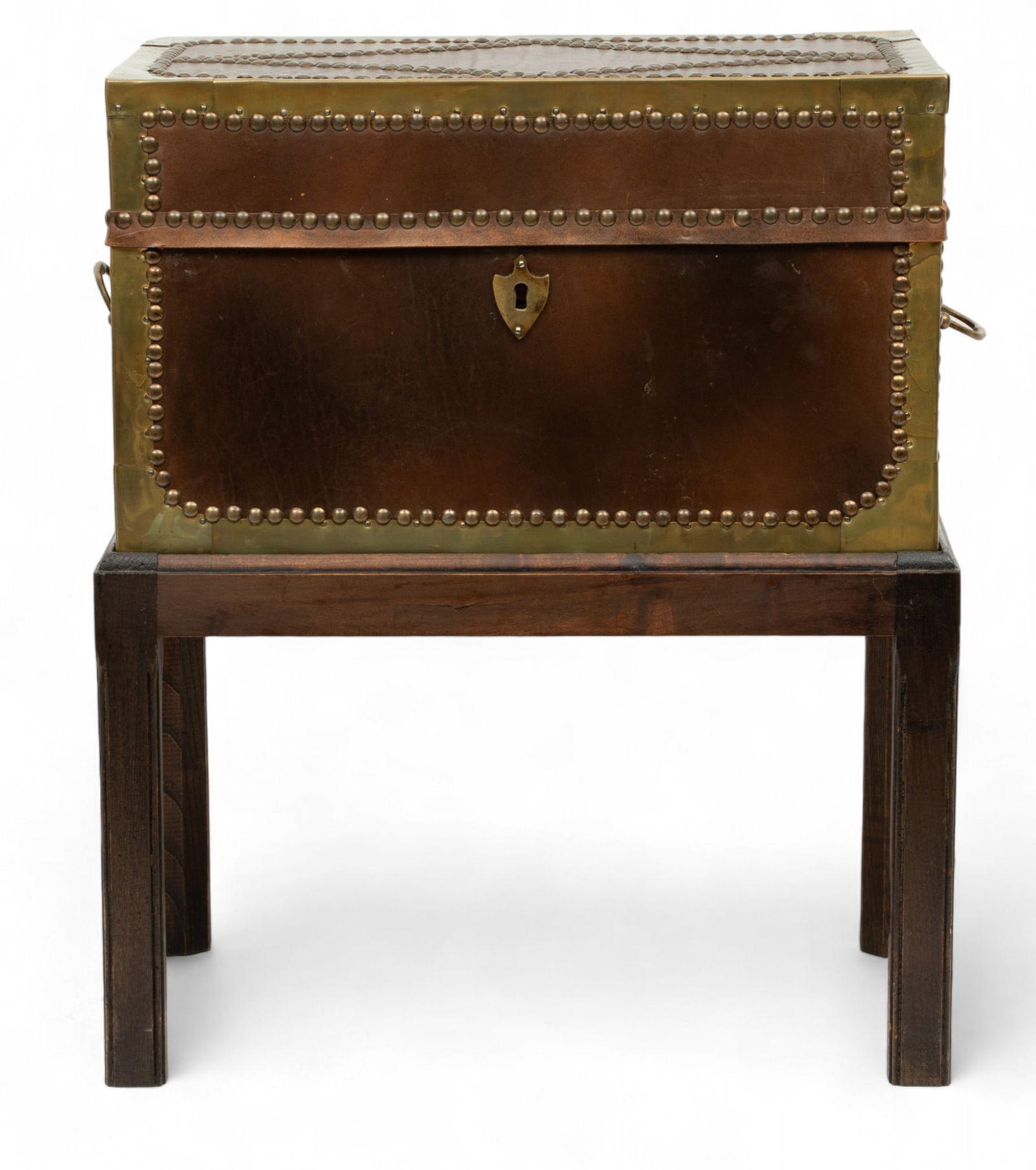 Leather Clad And Brass Accented Chest on Table 20th C., H 22" W 12" L 18" (1 of 7)