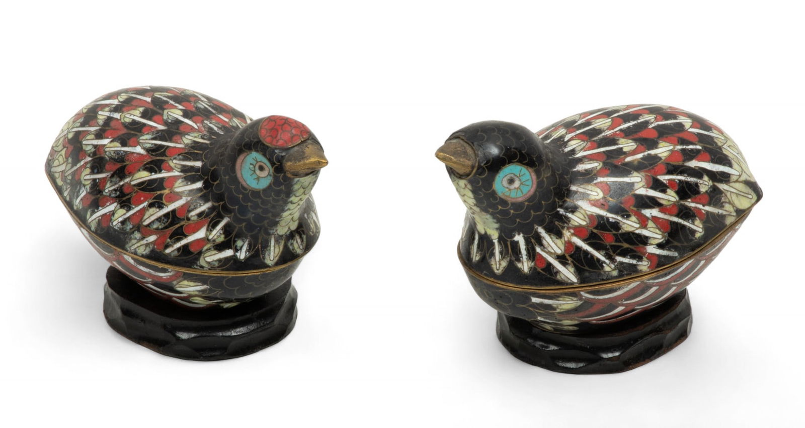 Pair of Chinese Cloisonne Covered Boxes, Pheasant Form, Ca. 1930, H 2.25" W 2.5" L 4" 2 pcs (1 of 7)