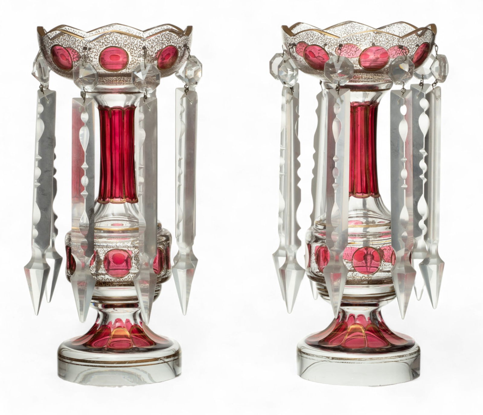 Bohemian Cranberry Glass Mantel Lustres, Ca. 1900, H 12.5" Dia. 5.5" 1 Pair (1 of 2)