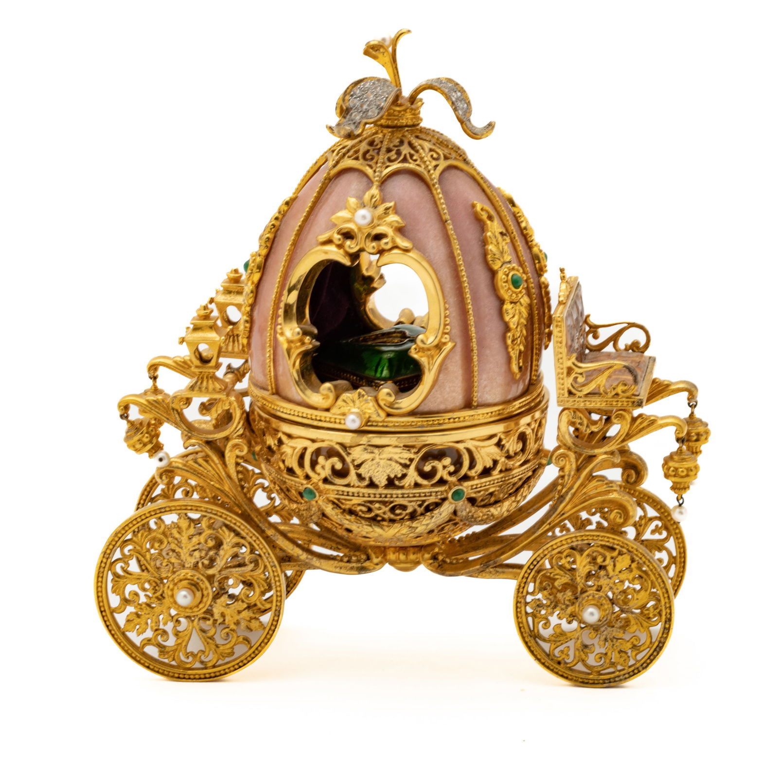 Manner of Faberge (Russian) Pink Enamel Easter Egg Carriage with Music Box, H 5.75' W 2.5'' L 5" (1 of 6)