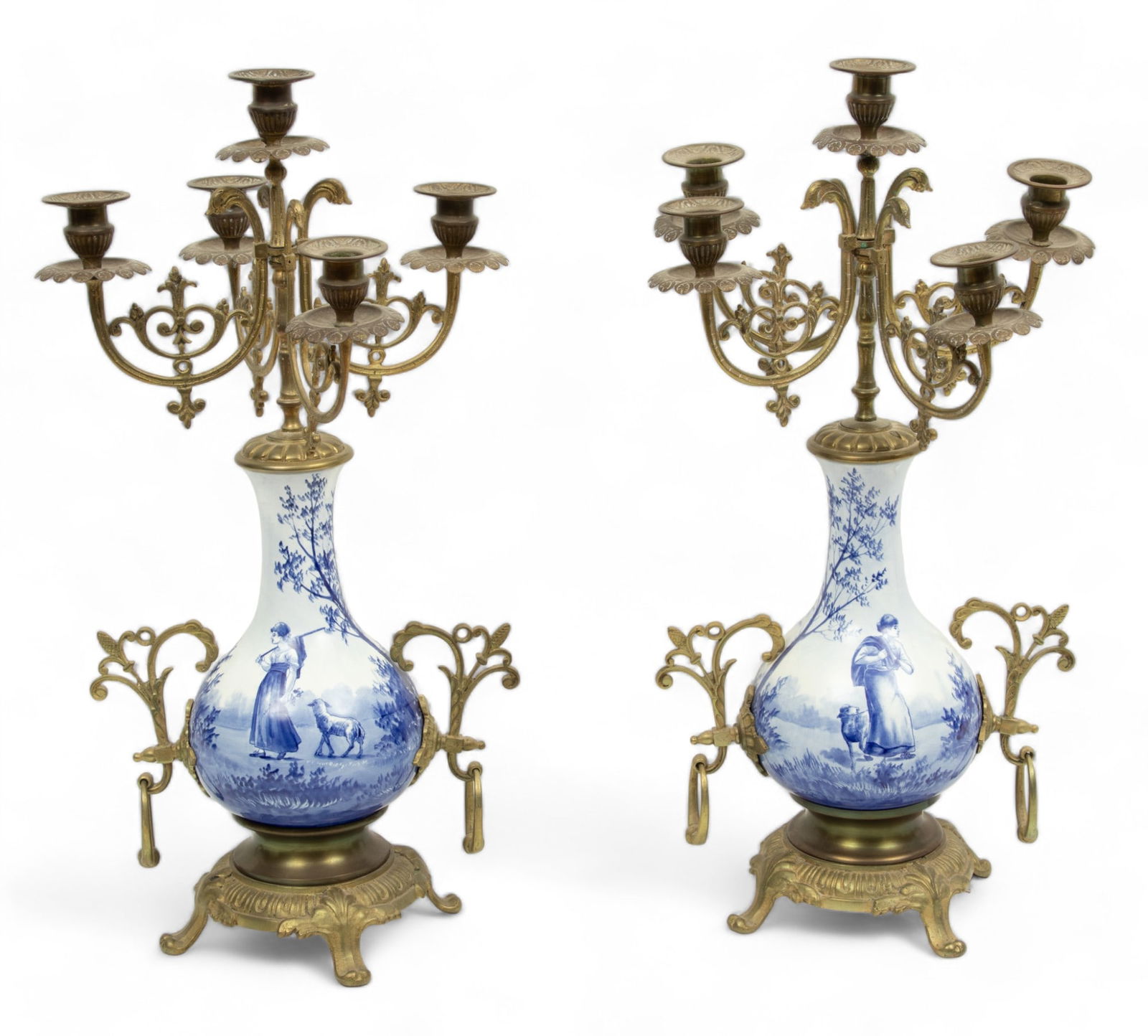 Netherlands Painted Ceramic & Brass 5-light Candelabra, Ca. 1880, H 21.25" W 11" Depth 11" 1 Pair (1 of 3)