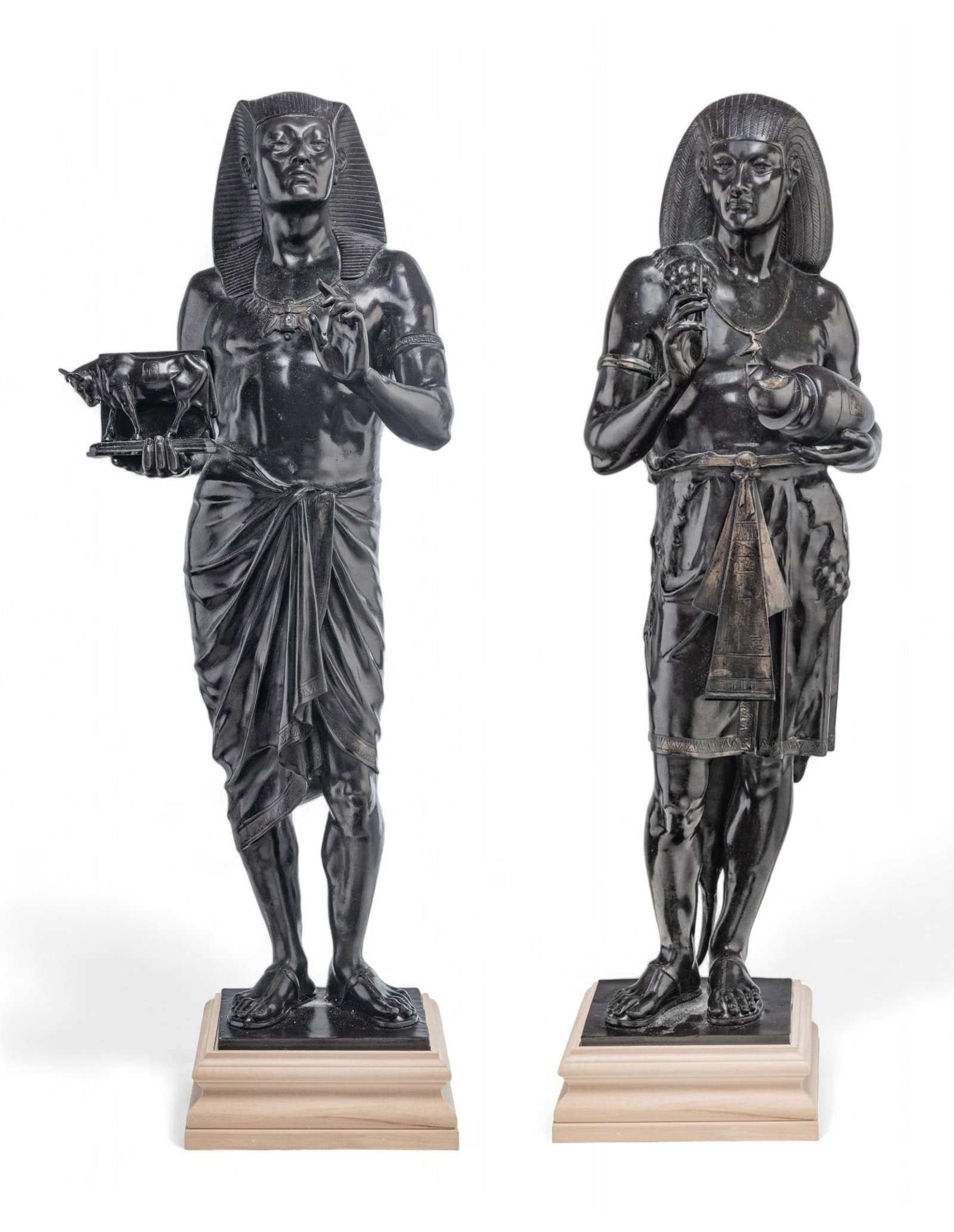 Émile Louis Picault (French, 1833-1915) Egyptian Revival Bronze Sculptures Ca. 1890,: Émile Louis Picault (French, 1833-1915) Egyptian Revival Bronze Sculptures Ca. 1890, "Pastophore And Hierogrammate", H 29" W 11.5" Depth 9" | Matched pair on matching plinths. Egyptian High Pries