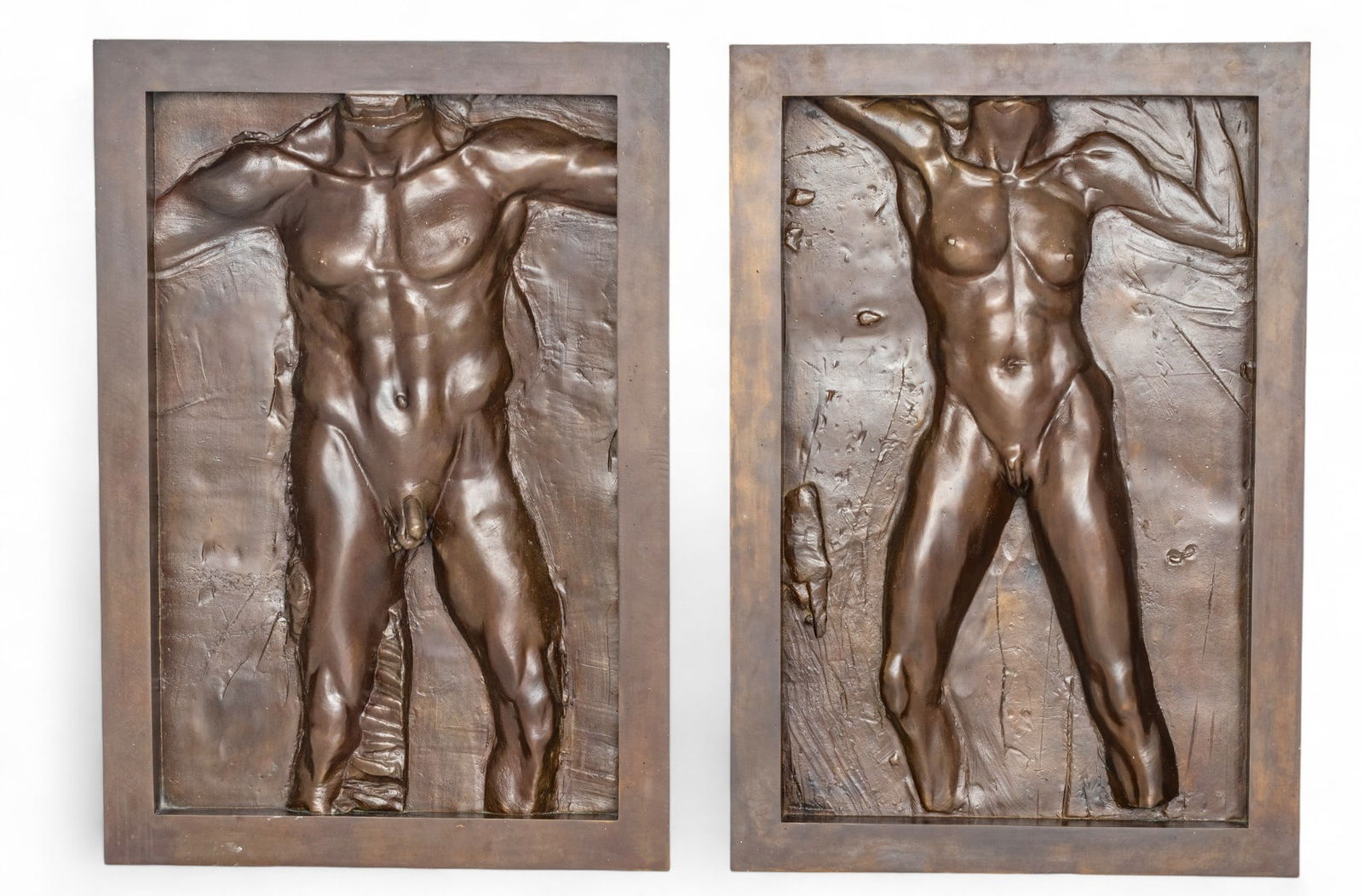 Robert Graham (American, 1938-2008) Patinated Copper Group of Two H 30.25 W 21 Figural Wall: Robert Graham (American, 1938-2008) Patinated Copper Group of Two H 30.25 W 21 Figural Wall Sculptures (Male And Female) | Male H 30.25" W 21" Female H 30.25" W 20.75". No Apparent Signatures. Provena