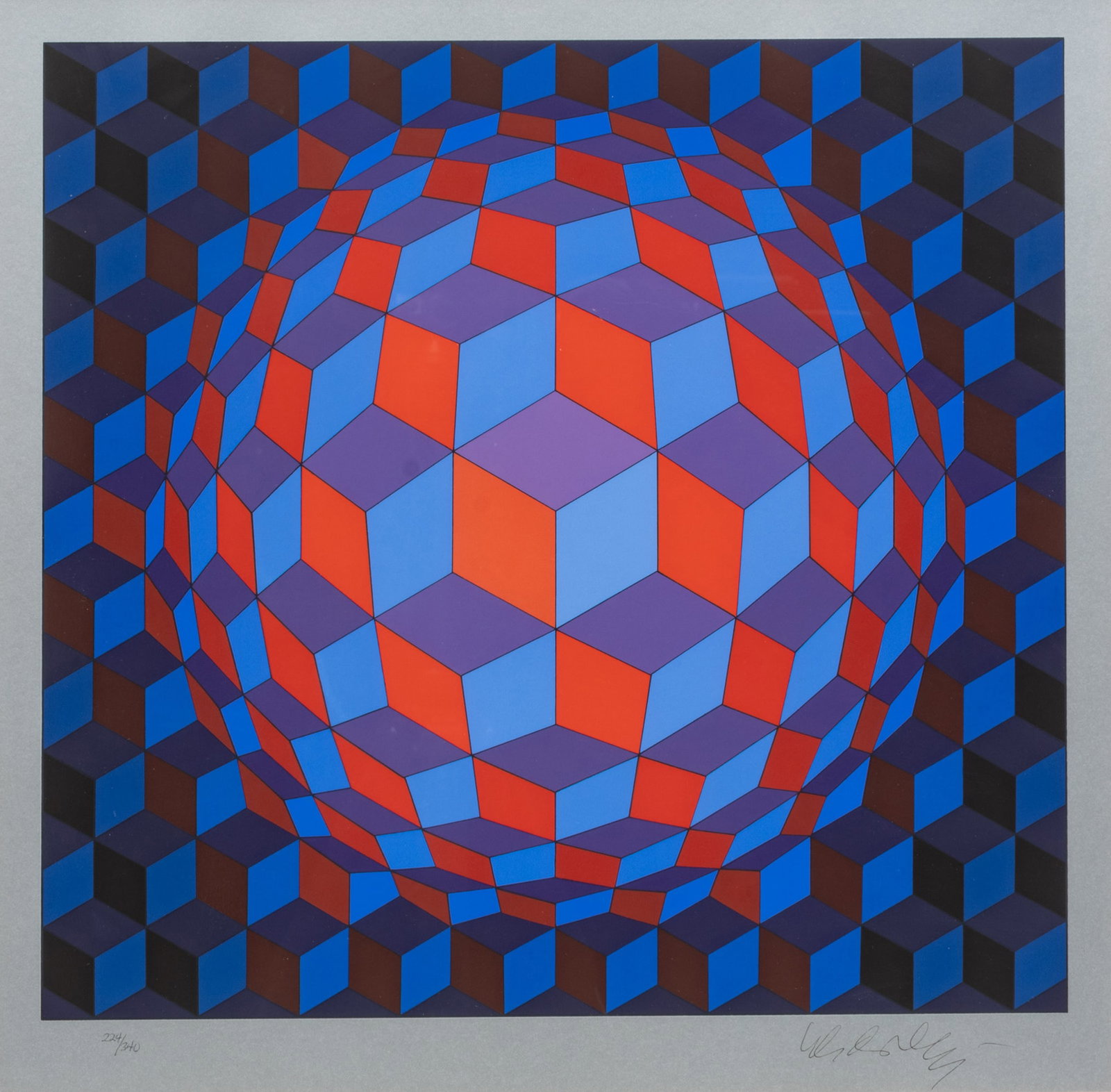 Victor Vasarely (French/Hungarian, 1906-1997) Serigraph in Colors on Wove Paper, H 14.75" W 15.75": Victor Vasarely (French/Hungarian, 1906-1997) Serigraph in Colors on Wove Paper, H 14.75" W 15.75" | Signed in the lower right margin. Edition 224/340, lower left. Matted and framed under glass, H 25.