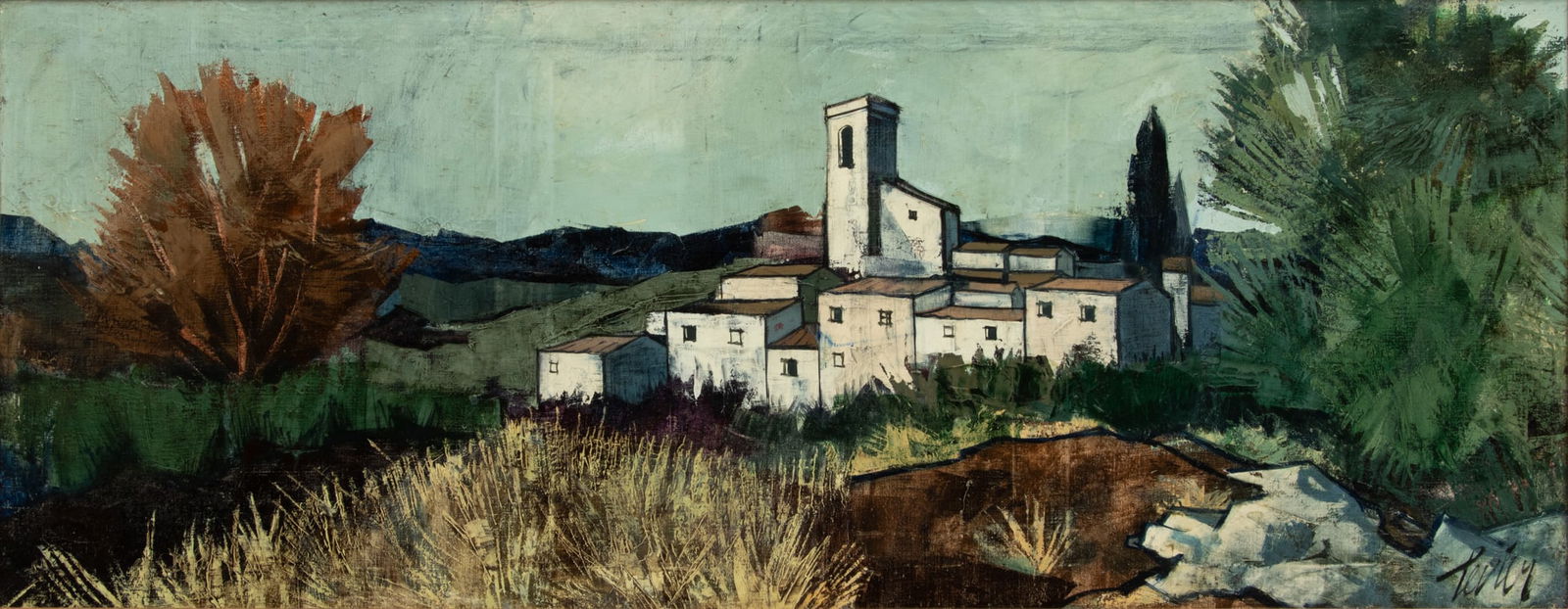 Charles Levier (French, 1920-2003) Oil on Canvas, Ca. Mid 20th C., "Village", H 20" W 50": Charles Levier (French, 1920-2003) Oil on Canvas, Ca. Mid 20th C., "Village", H 20" W 50" | Signed in the lower right. Depicting a Mediterranean village nestled in a mountainous landscape. Signed and