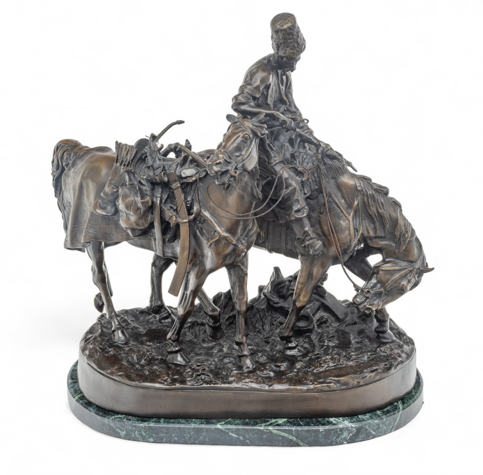 After Evgeni A. Lanceray (Russian, 1848-1886) Bronze Sculpture, Ca. 1910, "Zaporozhian Cossack After: After Evgeni A. Lanceray (Russian, 1848-1886) Bronze Sculpture, Ca. 1910, "Zaporozhian Cossack After Battle", H 16.75" W 7.5" L 17" | Signed at the base in Cyrillic. Bearing a Shtange foundry marking 