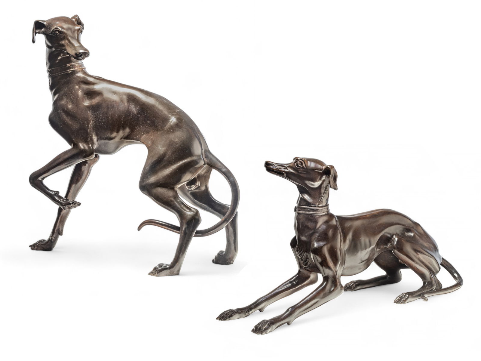 Manner of Pierre-Jules Mene (French, 1810-1879) Bronze Sculptures, 20th C., "Two Whippets at Play",: Manner of Pierre-Jules Mene (French, 1810-1879) Bronze Sculptures, 20th C., "Two Whippets at Play", H 22" W 9" L 22" 2 pcs | the two sculptures in the manner of Pierre-Jules Mene's "Groupe de deux Lev