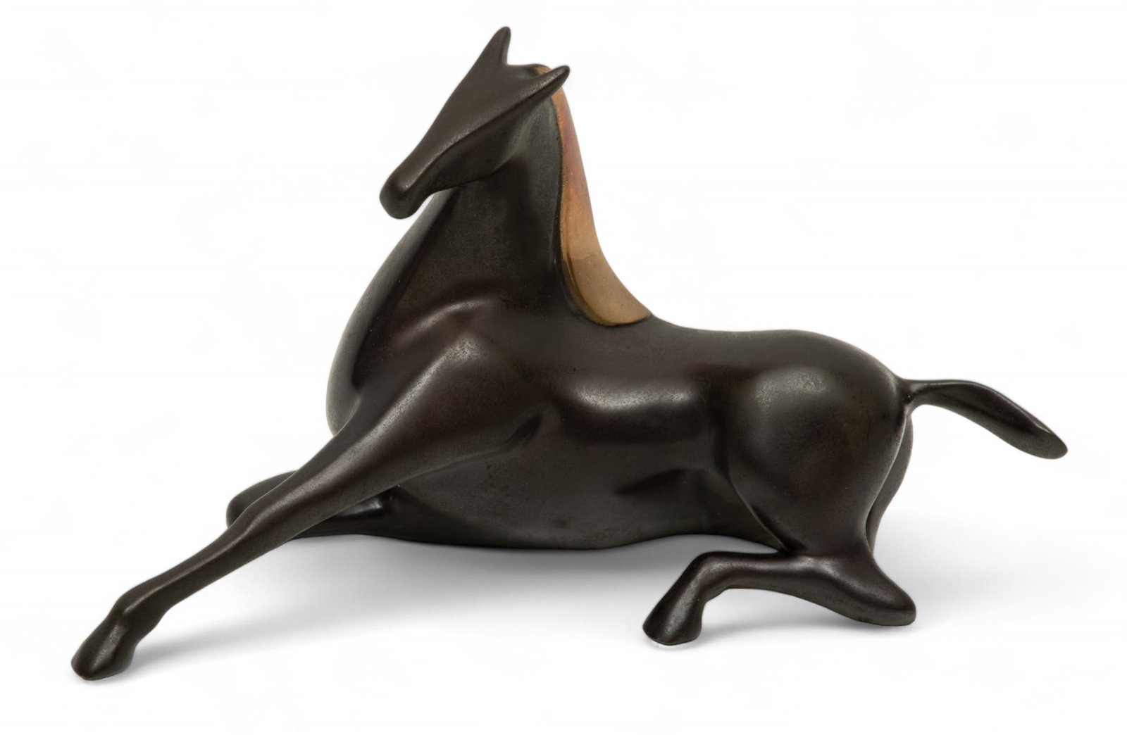 Loet Vanderveen (Dutch-American, 1921-2015) Bronze Sculpture, Recumbent Horse, H 5" W 2.5" L 8.5": Loet Vanderveen (Dutch-American, 1921-2015) Bronze Sculpture, Recumbent Horse, H 5" W 2.5" L 8.5" | the sculpture boasts a Renaissance patina and polished bronze mane. Artist's signature and edition n