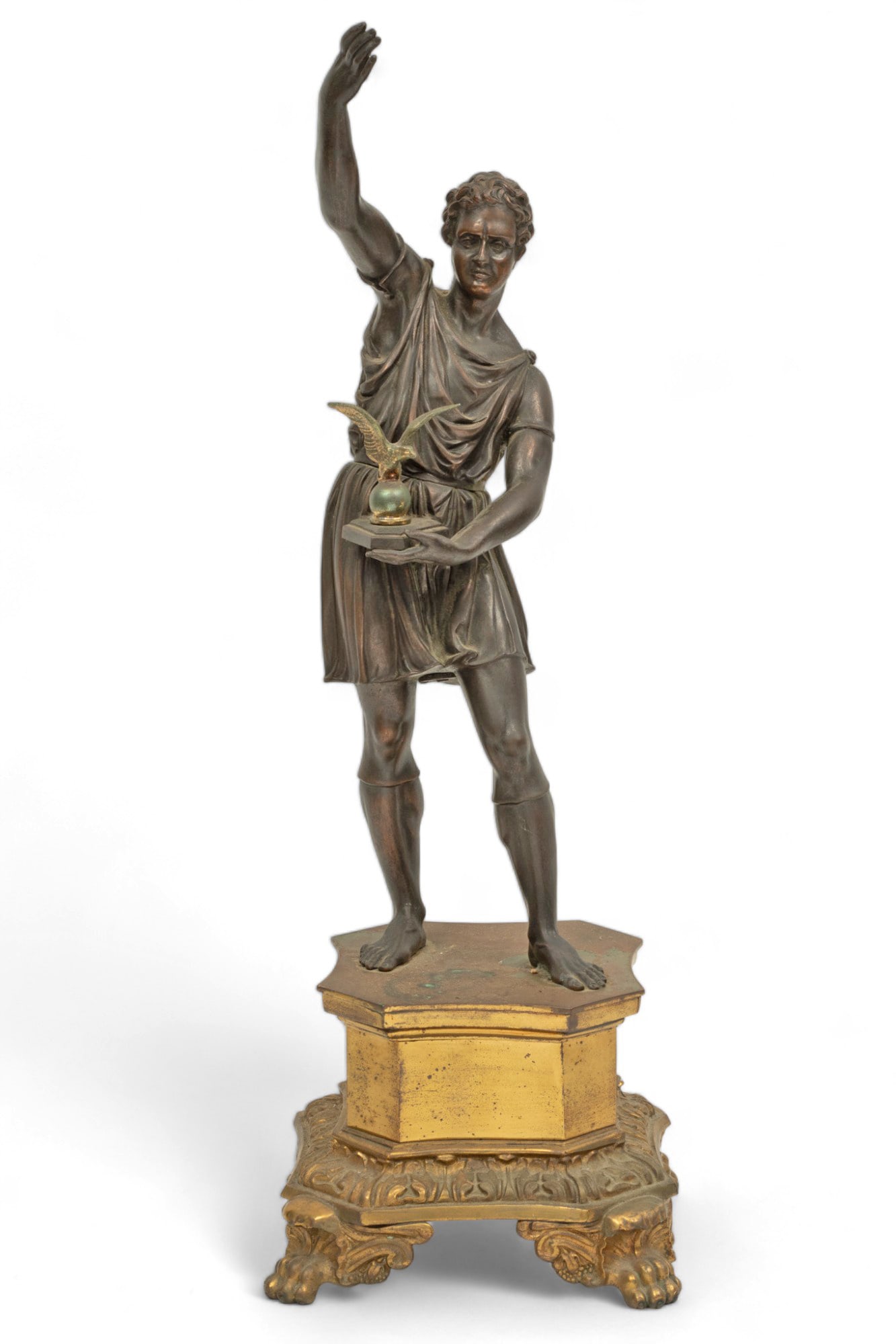 European Bronze And D'ore Bronze Sculpture, Ca. 19th Cen., "Classical Roman Male Figure", H 23.25" W: European Bronze And D'ore Bronze Sculpture, Ca. 19th Cen., "Classical Roman Male Figure", H 23.25" W 8" L 8" | Classica Roman standing figure of male holding an orb with eagle, on a D'ore bronze base.