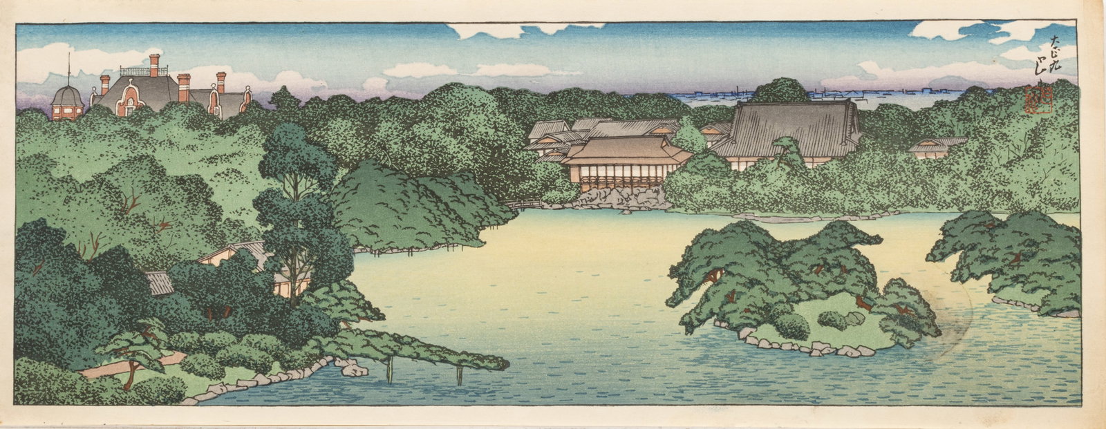 Kawase Hasui (Japanese, 1883-1957) Woodblock Print on Paper, Ca. 1920, "Panoramic View of the: Kawase Hasui (Japanese, 1883-1957) Woodblock Print on Paper, Ca. 1920, "Panoramic View of the Daisensui Pond", H 6.5" W 17.75" | Seal signed in the upper right. from the series of 8 prints commissione