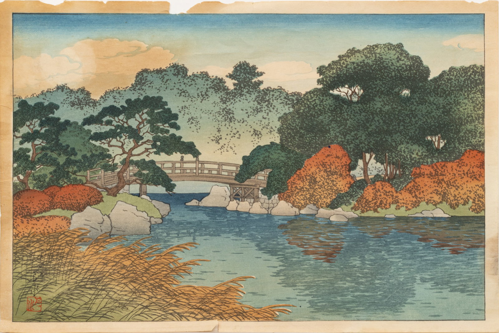 Kawase Hasui (Japanese, 1883-1957) Woodblock Print on Paper, Ca. 1920, "Garden in Autumn", H 9.25" W: Kawase Hasui (Japanese, 1883-1957) Woodblock Print on Paper, Ca. 1920, "Garden in Autumn", H 9.25" W 14.25" | Seal signed in the lower right. from the series of 8 prints commissioned by the Iwasaki fa
