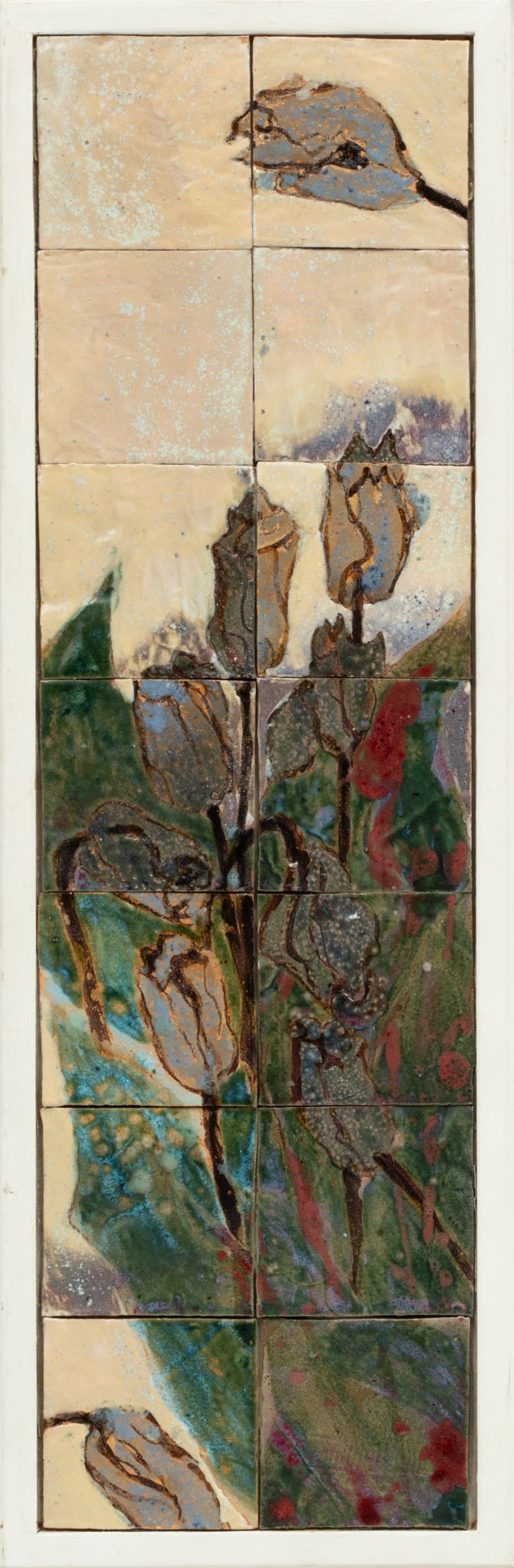 American 14-Tile Pottery Mosaic H 28" W 8": American 14-Tile Pottery Mosaic H 28" W 8" | Narrow white wood frame 30" X 9.5".