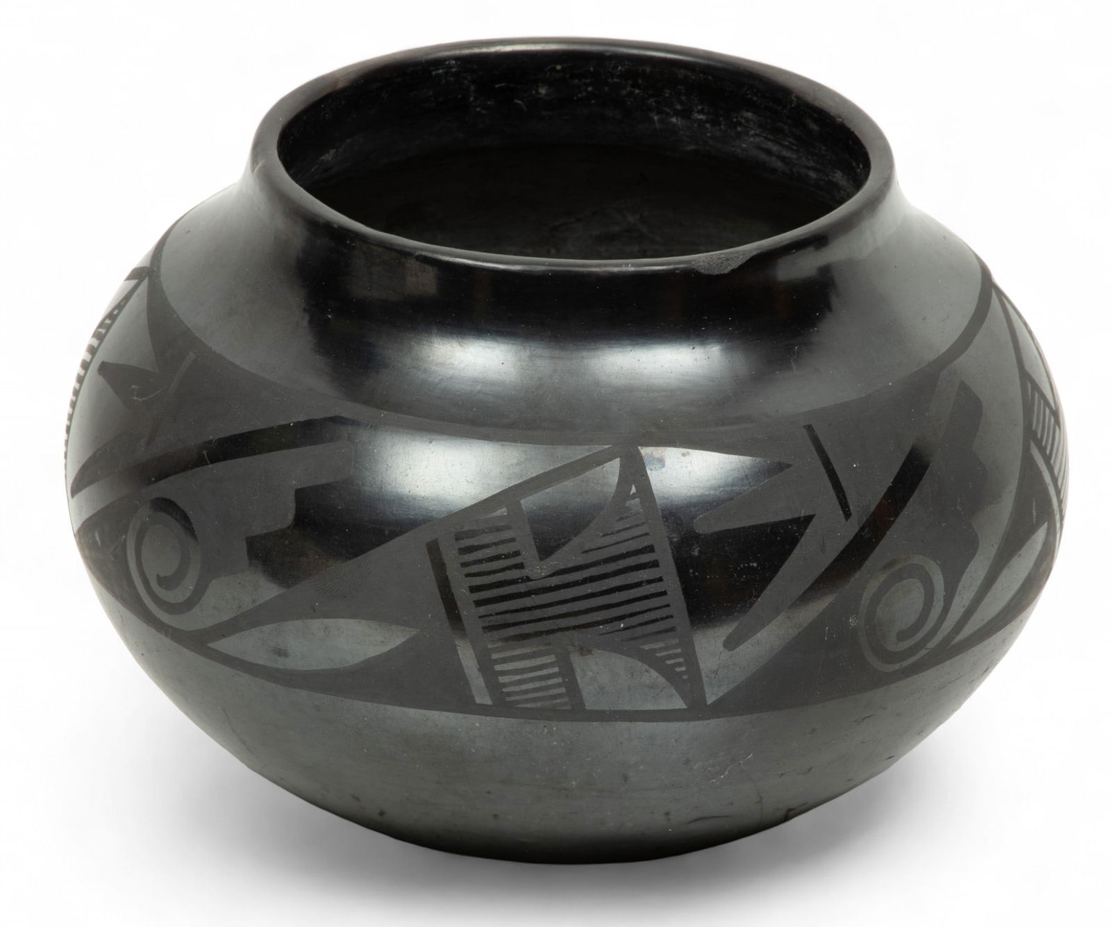 Marie And Julian San Ildefonso Pueblo, Blackware Pottery Vase H 5.5" Dia. 8": Marie And Julian San Ildefonso Pueblo, Blackware Pottery Vase H 5.5" Dia. 8" | Blackware pottery, this vase has a glossy black ground with a matte black geometric design. Signed "Marie & Julian" on th