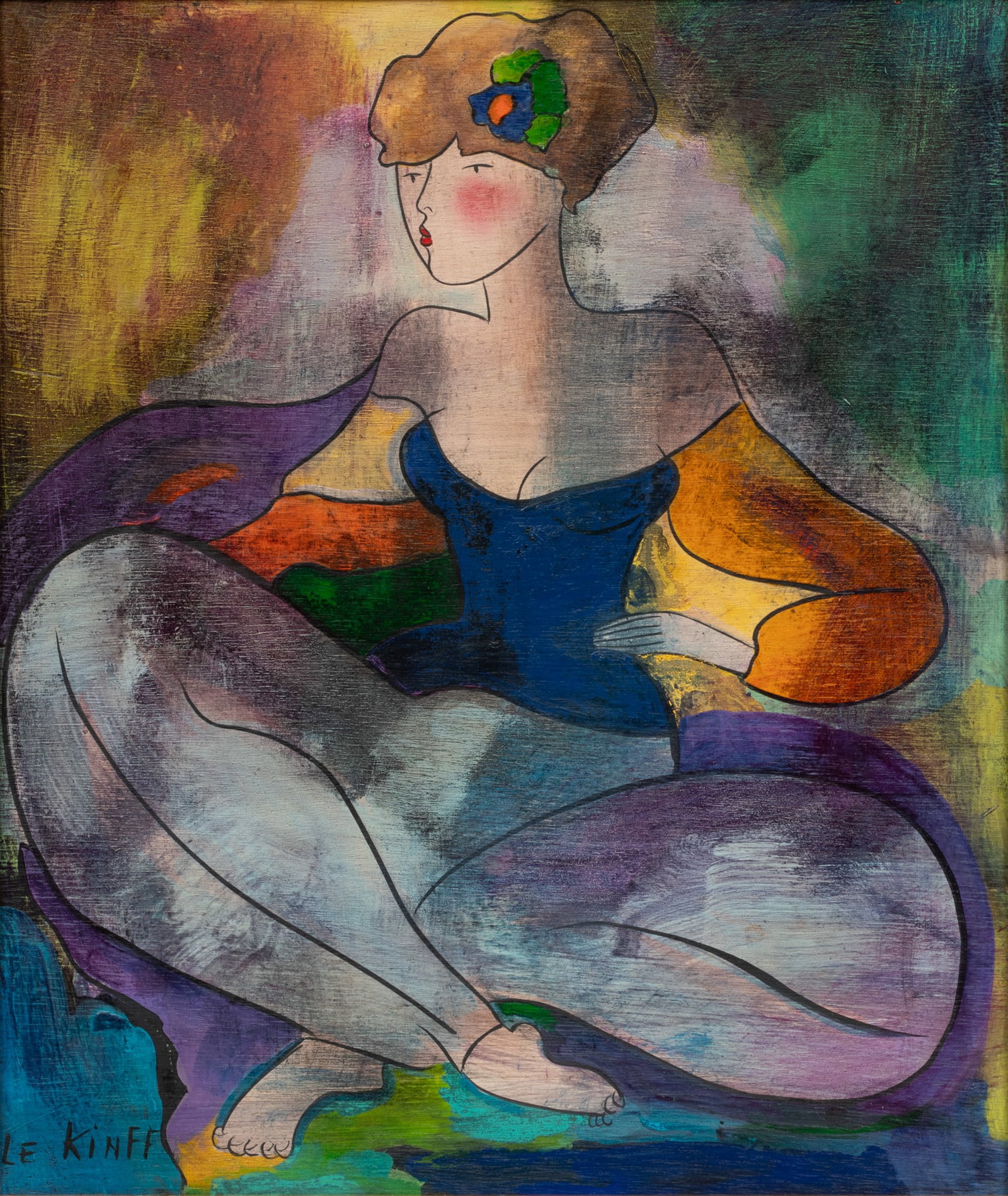 Linda LeKinff (French, B. 1949) Oil on Board "La Source (Seated Woman)", H 21.5" W 18.5": Linda LeKinff (French, B. 1949) Oil on Board "La Source (Seated Woman)", H 21.5" W 18.5" | Signed lower left. Frame Measurements H 28.5" W 25" Provenance: Park West Gallery, Southfield, Michigan; Acqu