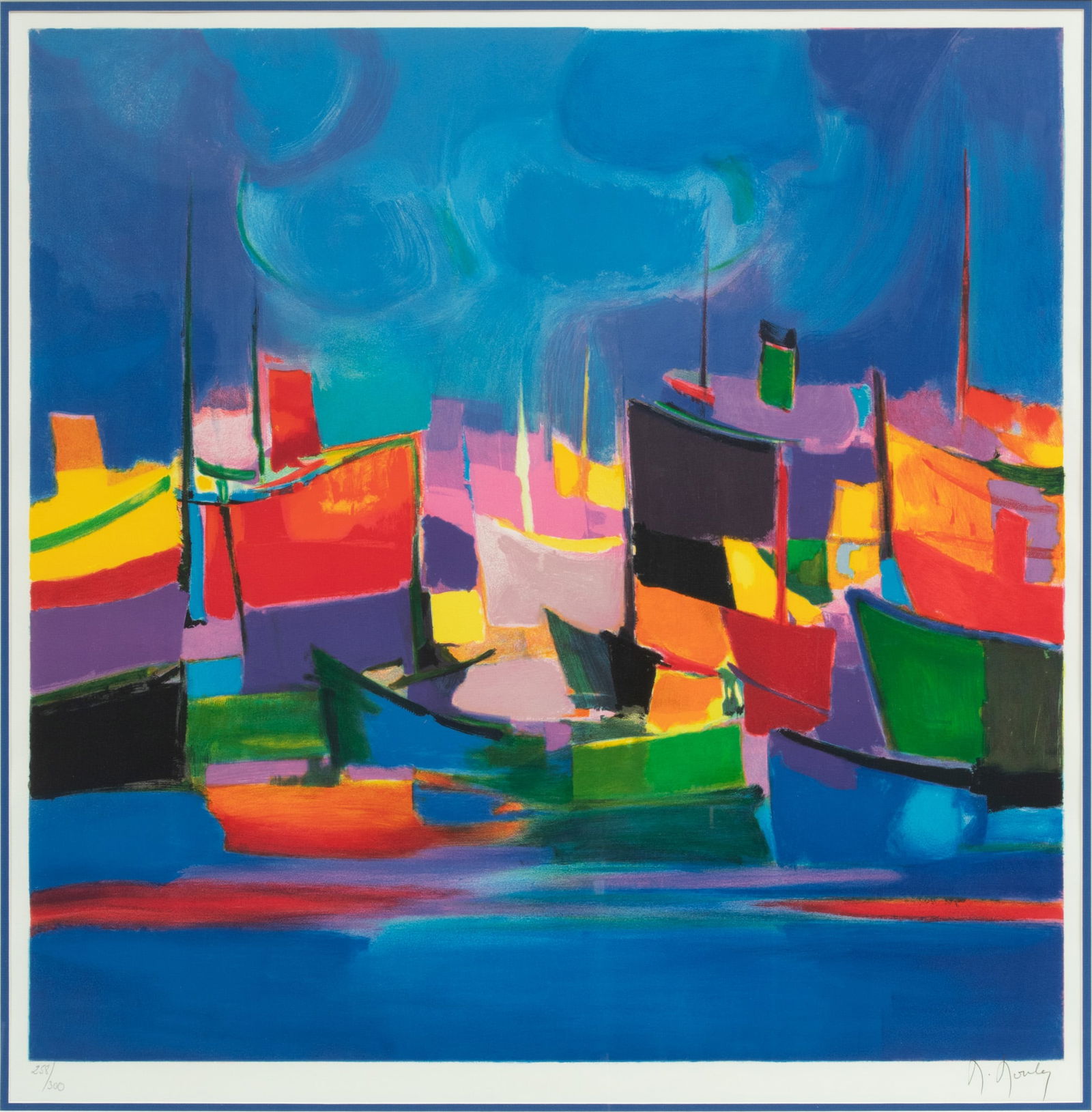 Marcel Mouly (French, 1918-2008) Lithograph in Colors on Wove Paper, "Navires Au Port IX", H 32.5" W: Marcel Mouly (French, 1918-2008) Lithograph in Colors on Wove Paper, "Navires Au Port IX", H 32.5" W 31.5" | Signed in pencil lower right and numbered 258/300, with full margins. Matted and framed und