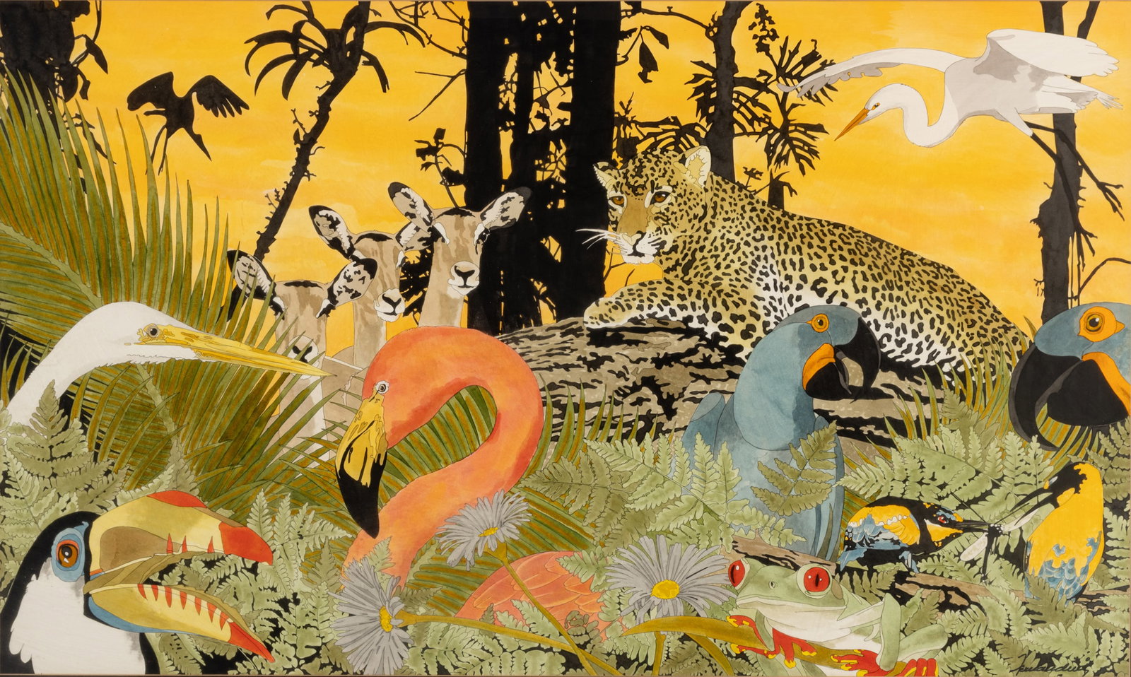 Jorge Fernandini (Peruvian-American, 20th C.) Watercolor And Ink on Paper, "Exotic Wildlife", H 30": Jorge Fernandini (Peruvian-American, 20th C.) Watercolor And Ink on Paper, "Exotic Wildlife", H 30" W 50" | Signed in the lower right. Depicting wildlife in vegetation. Including a leopard, flamingo, 