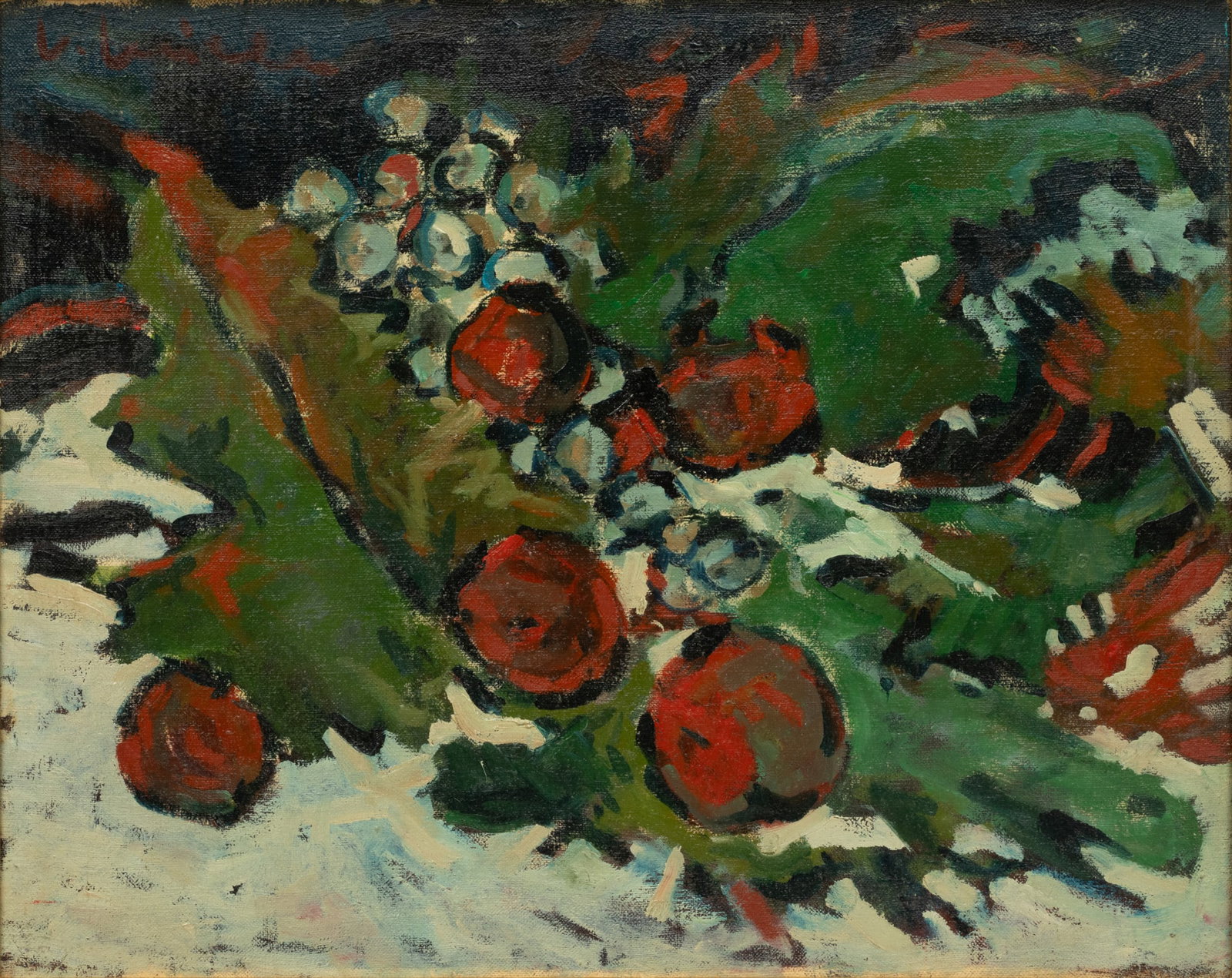 Vittorio Miele (Italian, 1926-1999) Oil on Canvas Ca. 1974, "Natura Morta", H 16" W 20": Vittorio Miele (Italian, 1926-1999) Oil on Canvas Ca. 1974, "Natura Morta", H 16" W 20" | Signed upper left. Titled, dated, and signed verso. Framed H 23" X W 26". Provenance: Property belonging to a