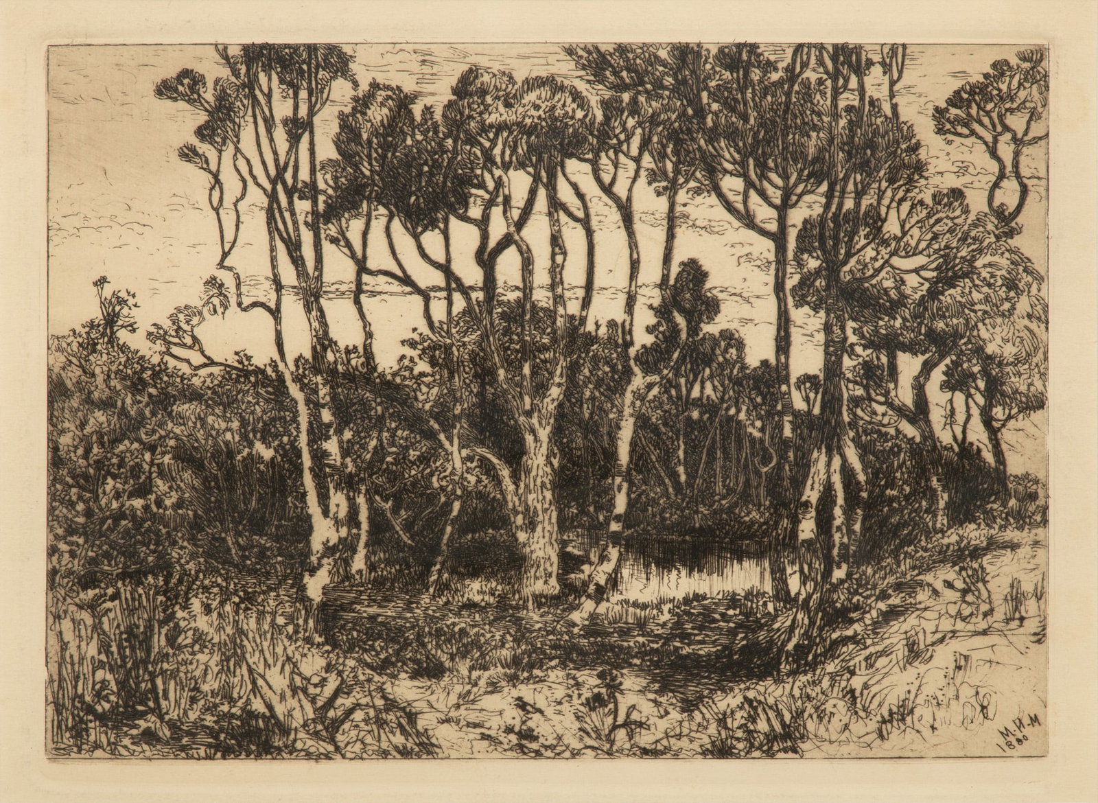 Mary Nimmo Moran (Scottish-American, 1842-1899) Etching on Paper 1880-1900, "Solitude", H 5.625" W: Mary Nimmo Moran (Scottish-American, 1842-1899) Etching on Paper 1880-1900, "Solitude", H 5.625" W 11.0625" | Signed and dated in the plate lower right. Framed with glass. Frame dimensions H 13" W 15"