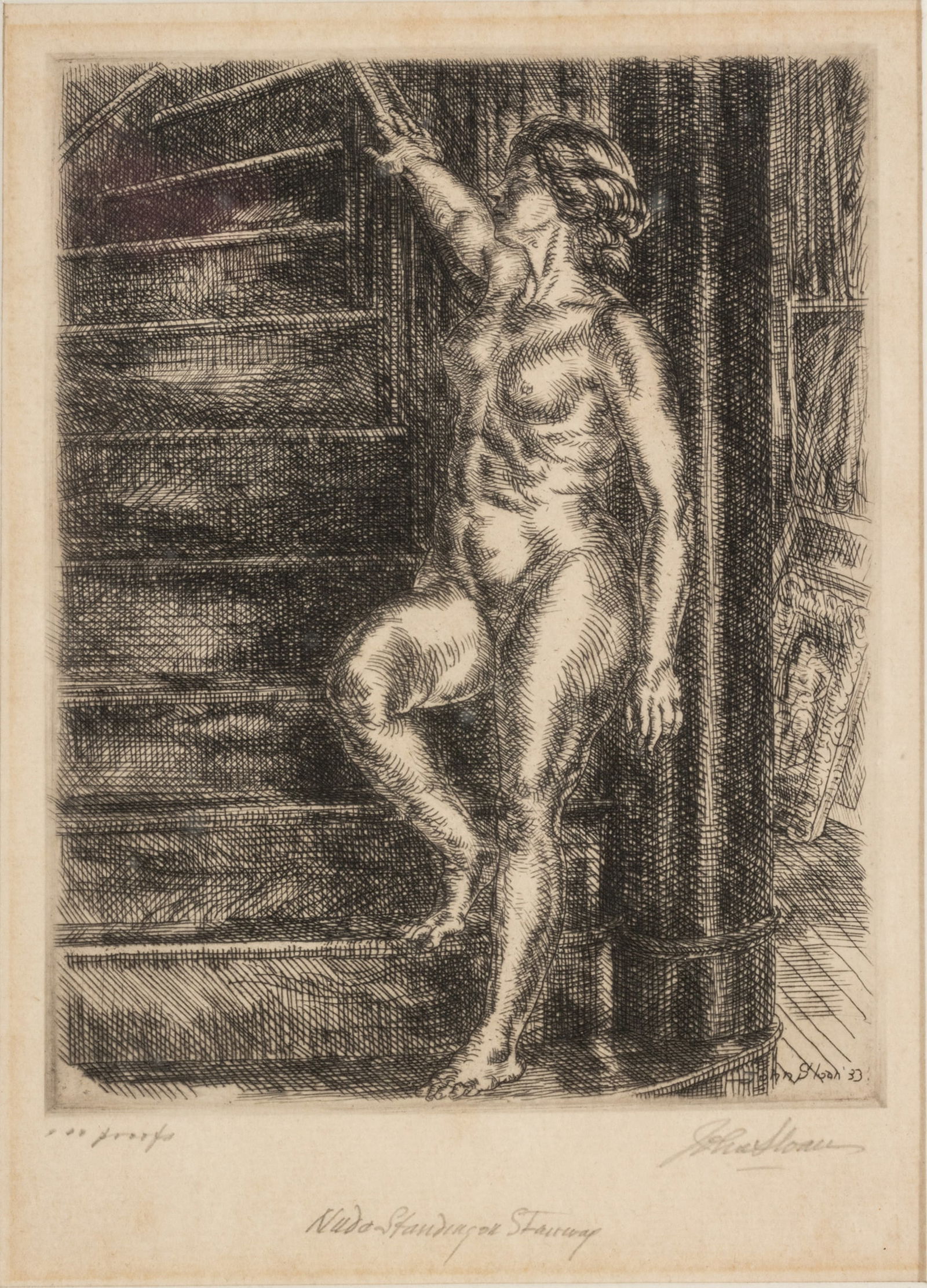 John Sloan (American, 1871-1951) Etching on Paper, 1933, Nude Standing on Stairway, H 8.5" W 6.5": John Sloan (American, 1871-1951) Etching on Paper, 1933, Nude Standing on Stairway, H 8.5" W 6.5" | Signed, titled and inscribed "100 proofs" in pencil, lower margin. Third state (of 3). Edition of 70