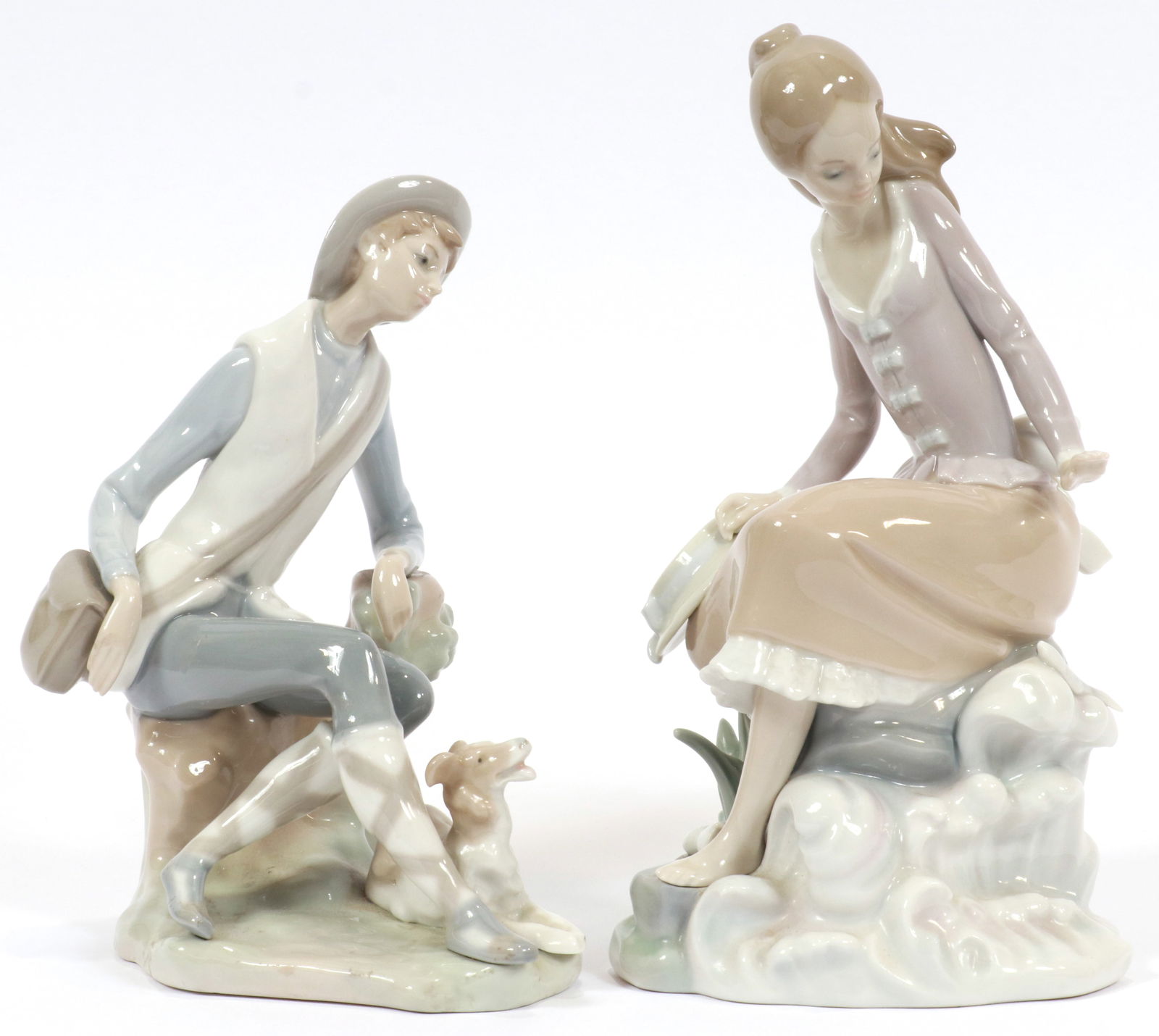 Lladro (Spain) Porcelain Hand Painted Figurines, "Young Woman And Young Man,", H 9.5" & 7.75" 2 pcs (1 of 4)