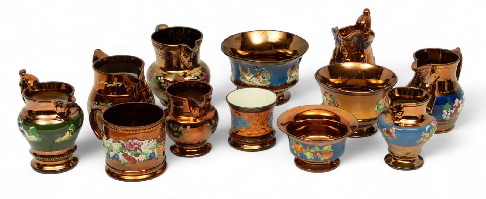 English Copper Luster Pitchers (7), Bowls (3), Mug, Ca. 1850, H 5.7 "-7.5" 11 pcs (1 of 12)