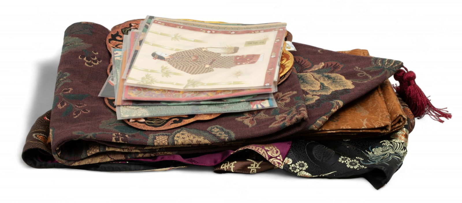 Chinese Textile Sashes, Placemats, Runner & Handkerchieves, Ca. 20th C., H 10" W 14.5" 19 pcs (1 of 4)