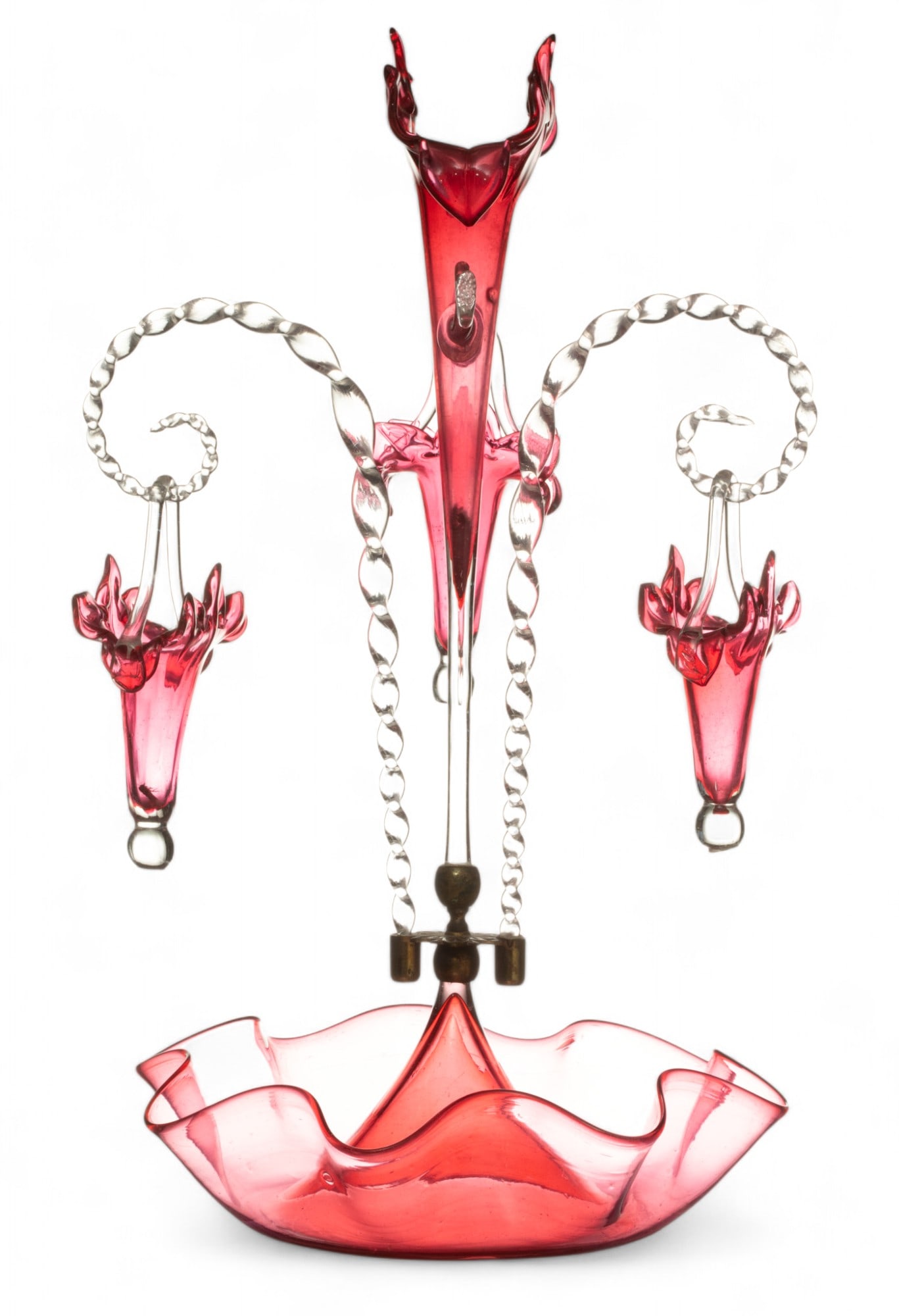 American Cranberry Glass Centerpiece Epergne, Ca. 19th Cen., H 19.5" W 11.5" (1 of 4)