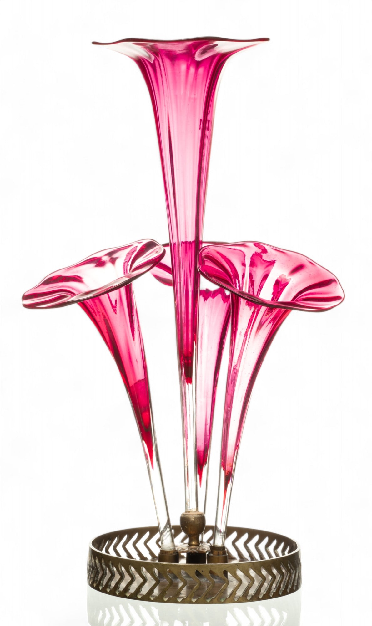 American Cranberry Glass Centerpiece Epergne, Ca. 19th Cen., H 16.25" W 10" Dia. 6.5" (1 of 3)