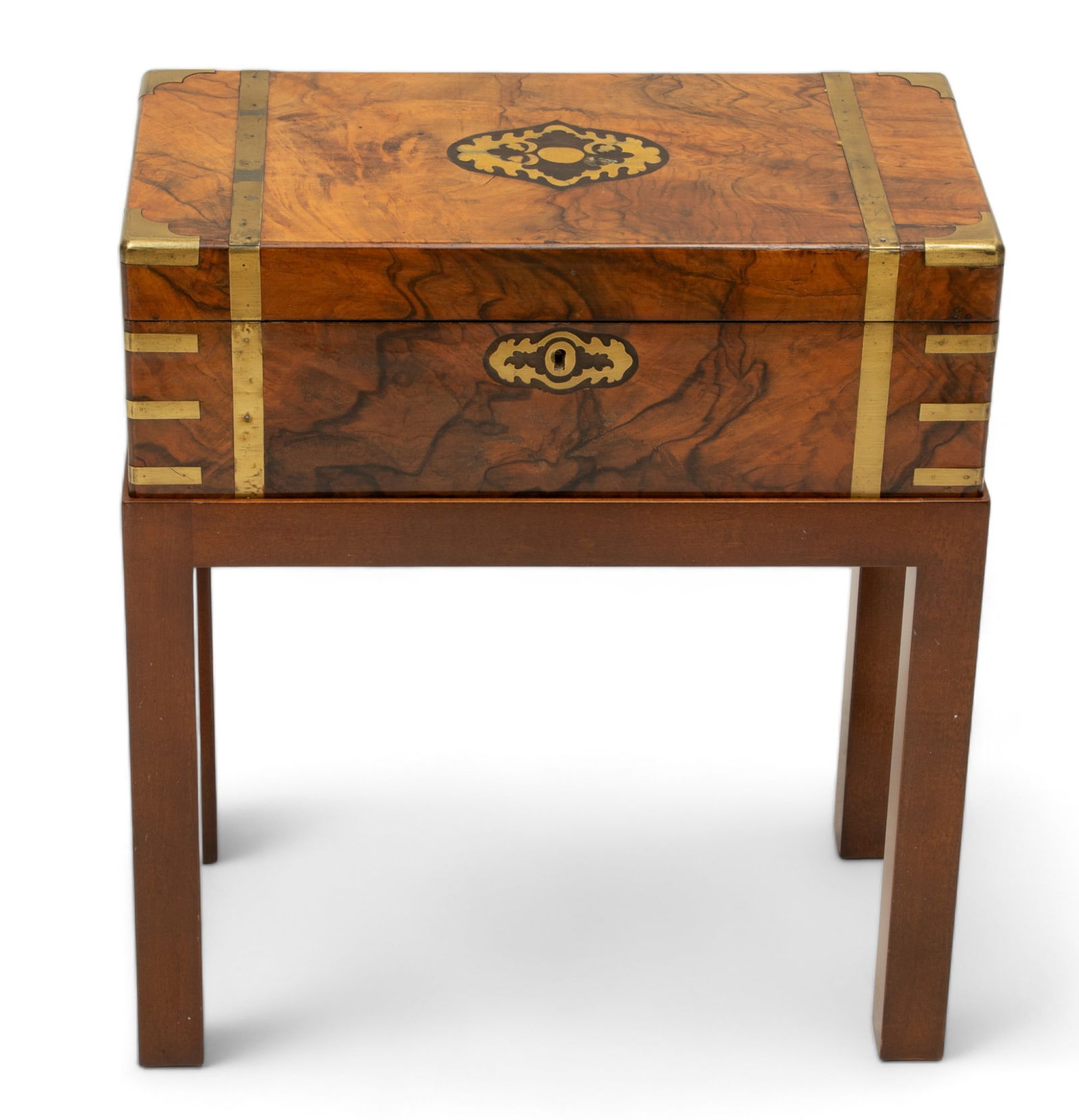 English Burl Walnut Brass & Leather Writing Desk, 19th C., H 7" W 19" L 10" (1 of 8)