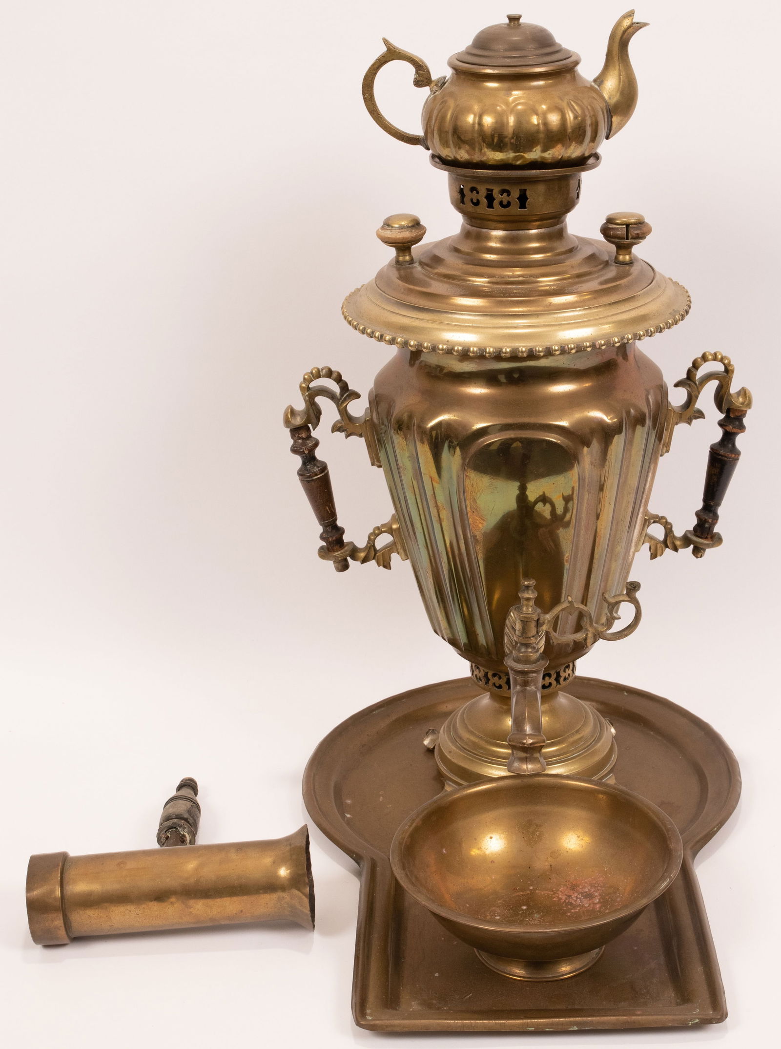 Russian Brass Samovar, Teapot, Bowl, Tray & Funnel, H 21" W 17" 5 pcs (1 of 16)
