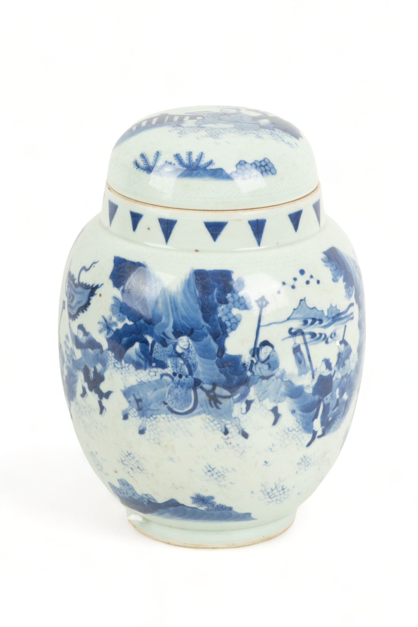 Chinese Porcelain Blue on White Ginger Jar, H 11" Dia. 7.5": Chinese Porcelain Blue on White Ginger Jar, H 11" Dia. 7.5" | Continuous multi-figure miltary celebration scene. Unsigned.