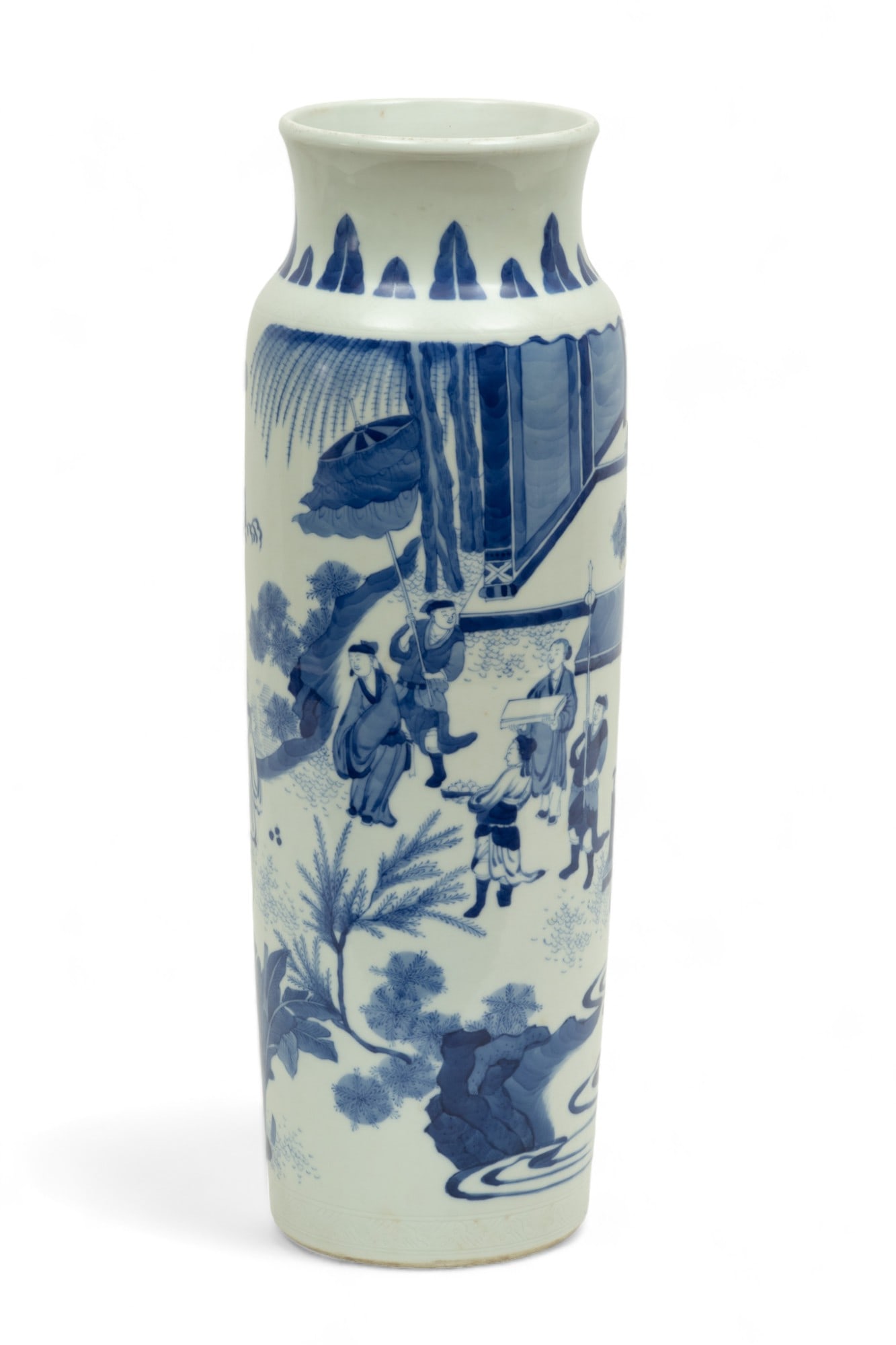 Chinese Blue And White Porcelain Sleeve Vase, H 18" Dia. 6": Chinese Blue And White Porcelain Sleeve Vase, H 18" Dia. 6" | Depicting courtyard scenes with figures and atmospheric motifs. No calligraphic marks or artist's signatures observed to the underside.