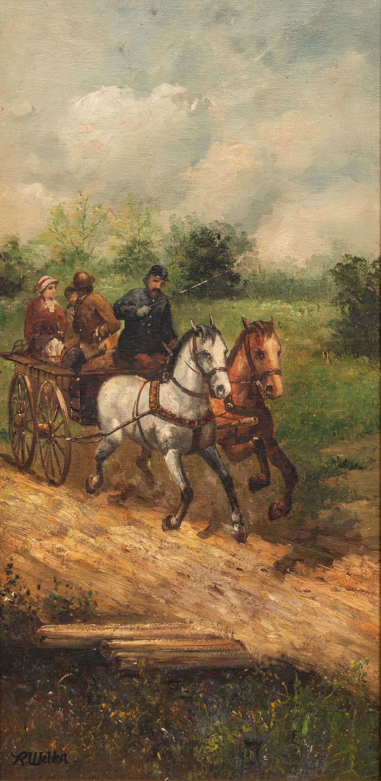 R. Weldon Oil on Canvas  Late 19th C., "Union Soldier Driving a Family from the Battlefield", H 24" (1 of 6)