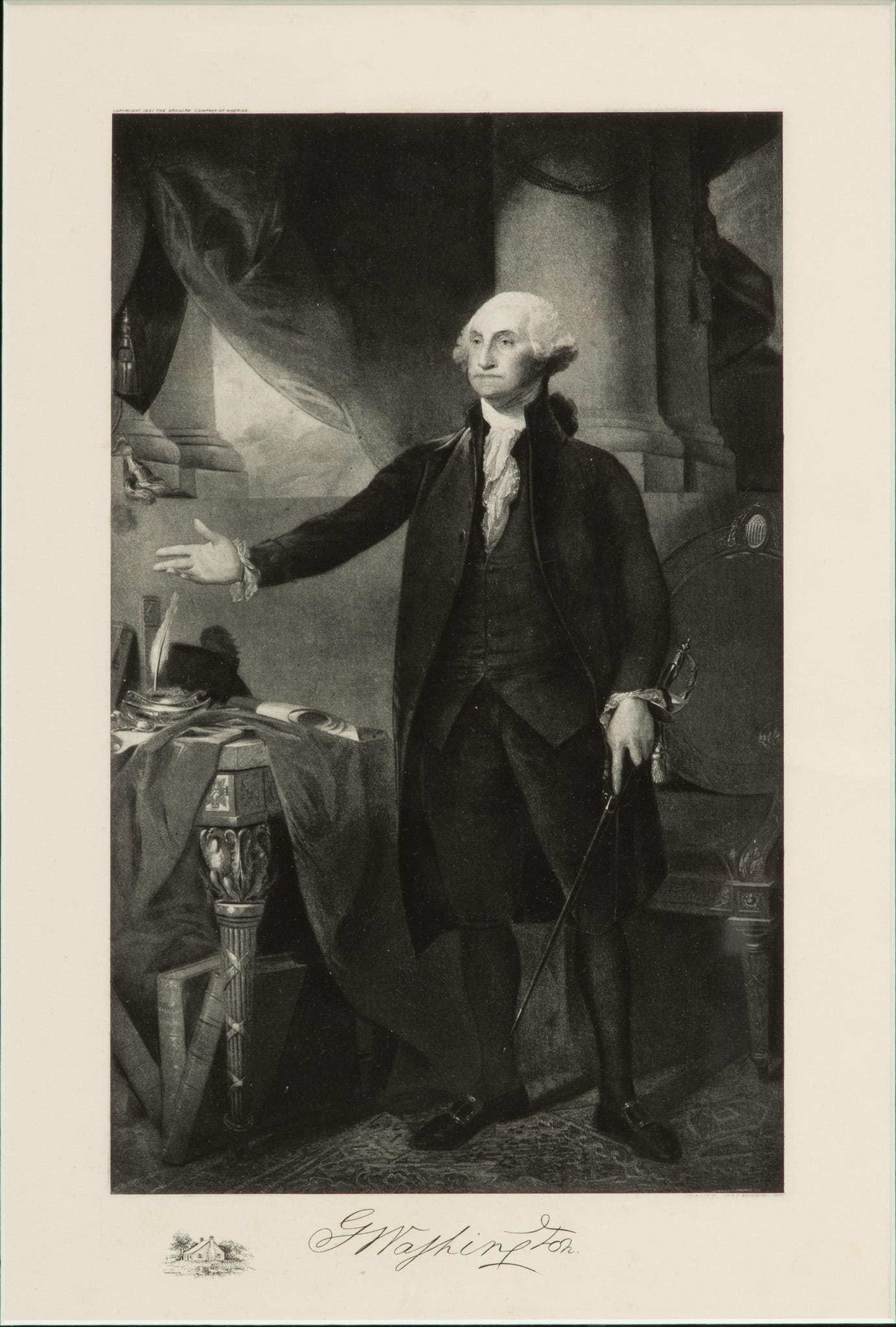 American Print on Paper, 20th C., "President George Washington", H 12.5" W 7.75": American Print on Paper, 20th C., "President George Washington", H 12.5" W 7.75" | Photomechanical print of General Washington after the James Heath engraving of Gilbert Stuart's 1797 portrait. Facsim