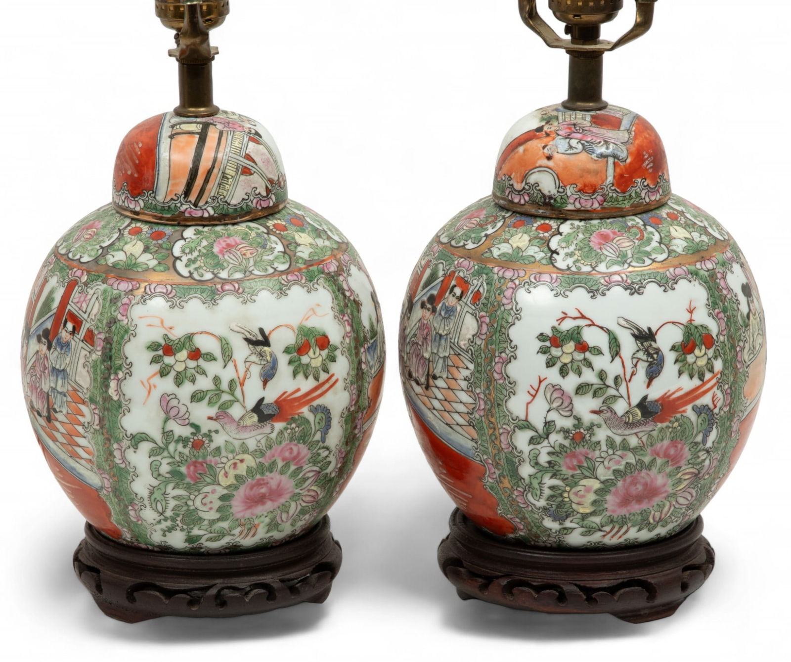 Pair of Chinese Mandarin Rose Porcelain Covered Jars, Converted to Lamps, H 20" Dia. 13" 2 pcs (1 of 5)