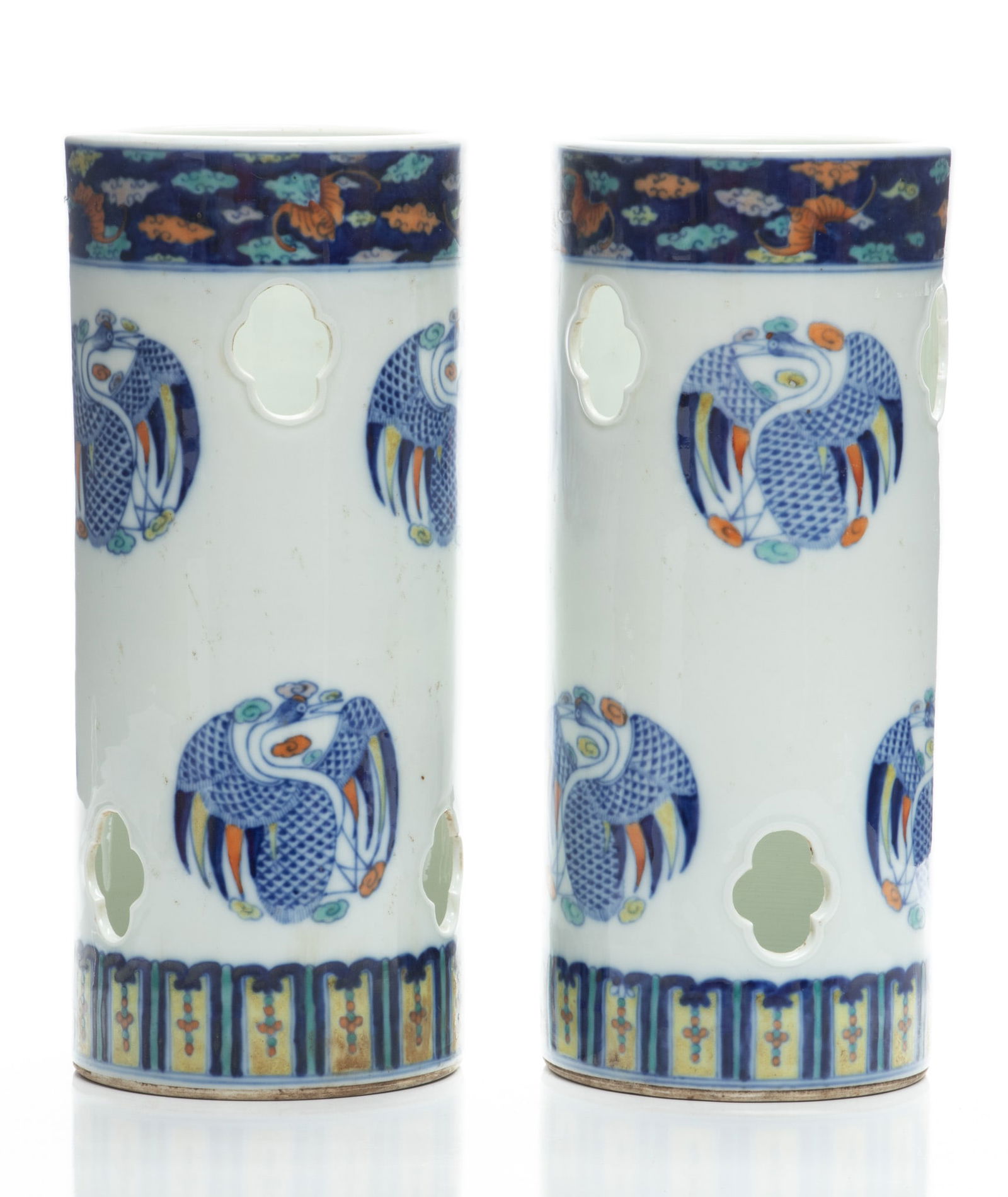 Chinese Doucai Porcelain Hat Vases, H 12" Dia. 5" 1 Pair (1 of 5)