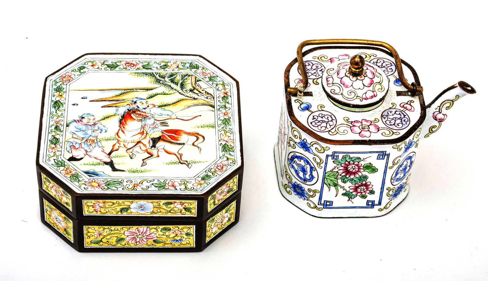 Chinese Enamel Box And Teapot, Ca. 19th.c., H 2" W 4" L 4" 2 pcs (1 of 5)