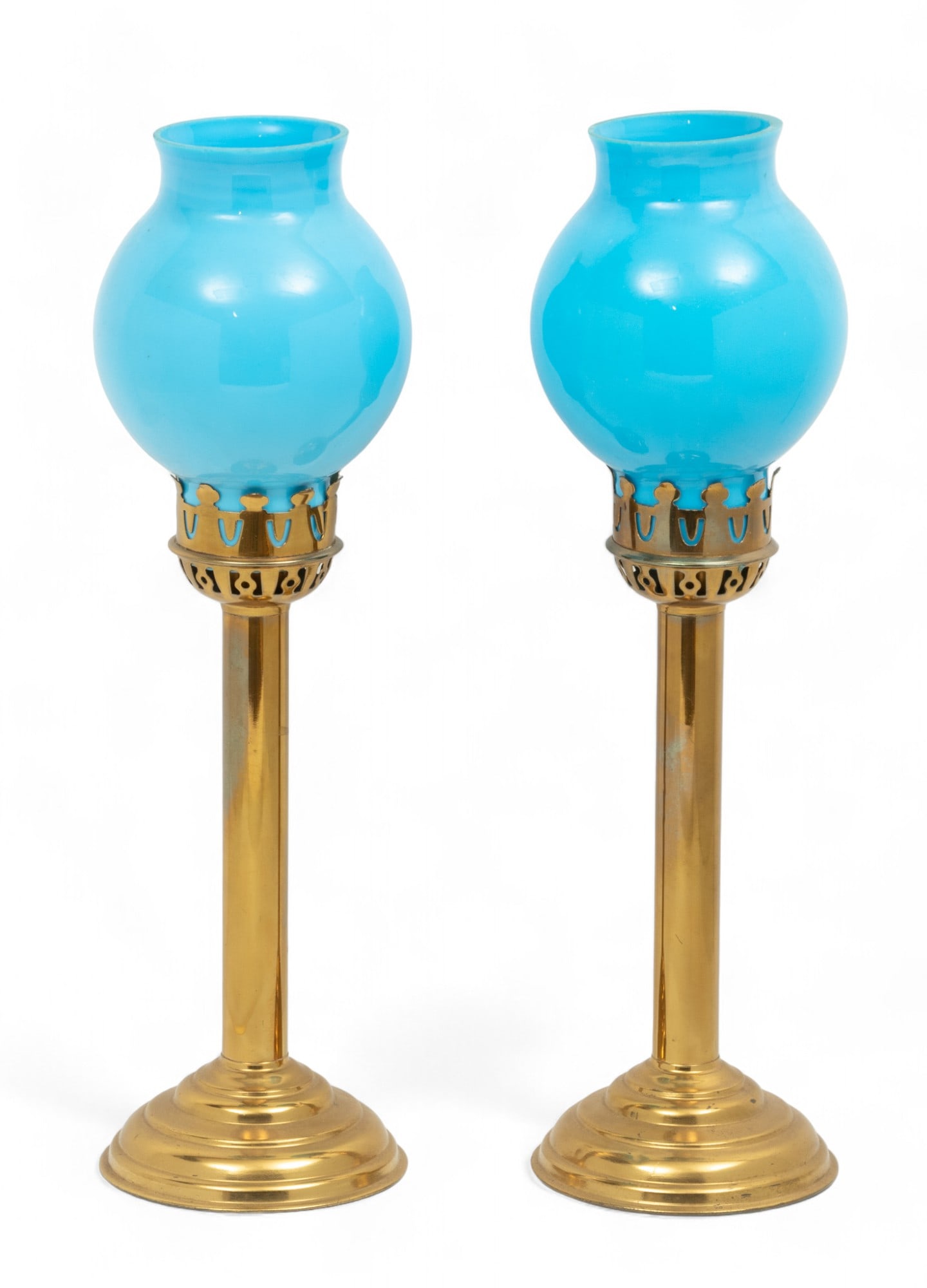 French Style Blue Opaline Glass & Brass Candlestick Lamps, 20th C., H 16" Dia. 4.5" 1 Pair (1 of 4)