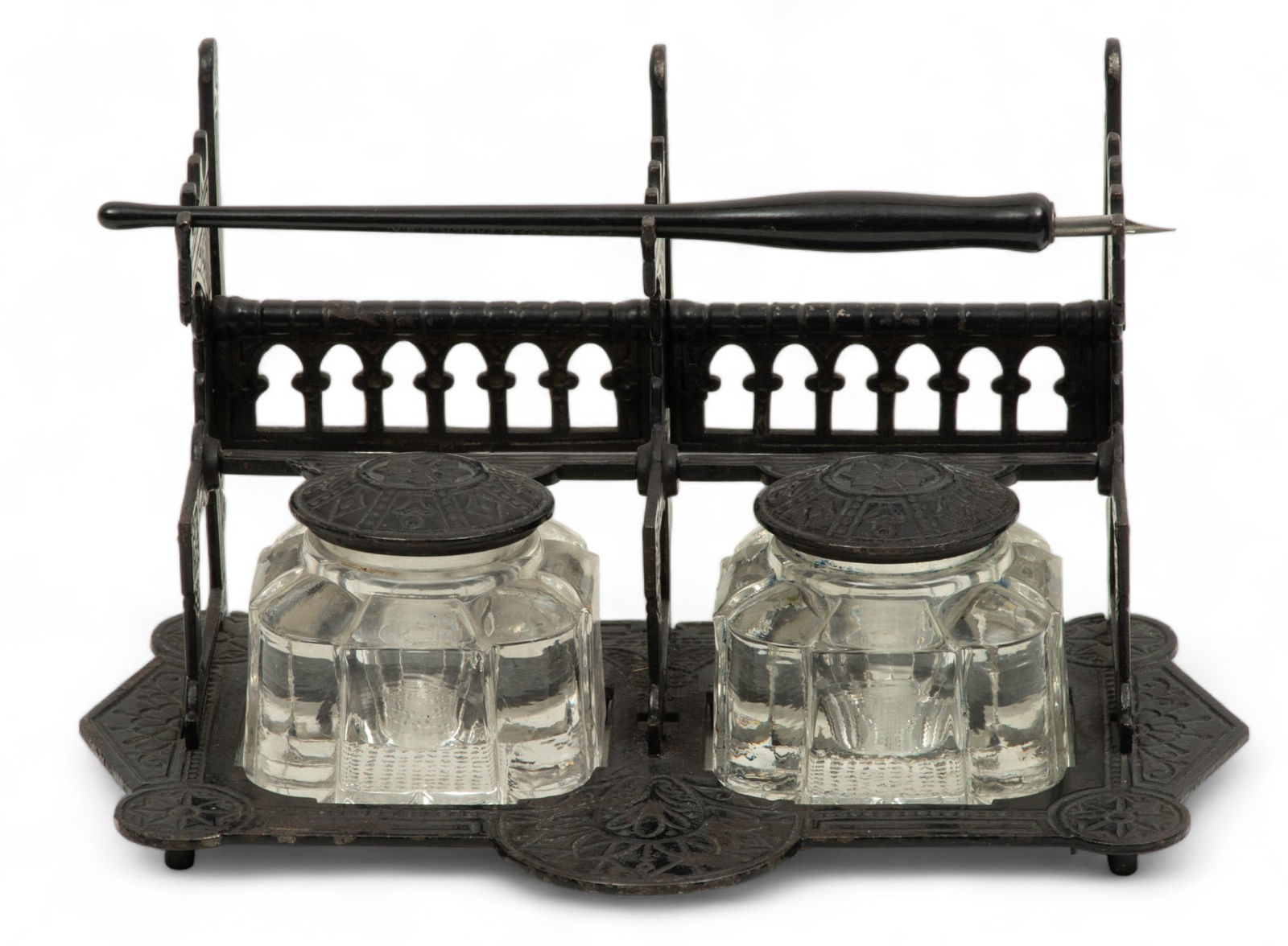 Eastlake Movement Cast Iron & Glass Ink Stand, Ca. 1900, H 5" W 10" Depth 5.5" (1 of 4)