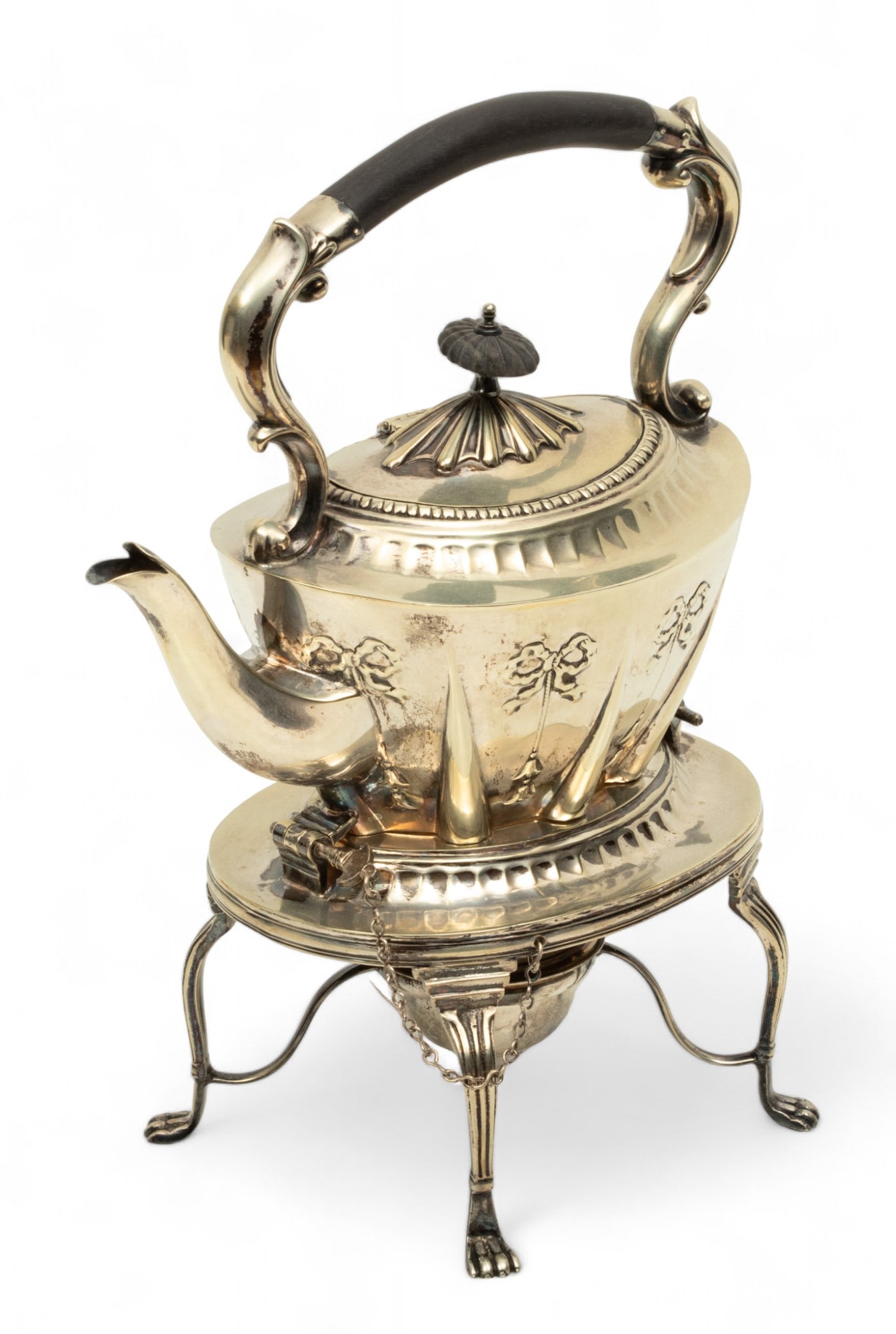 English Edwardian Style Silver Plate Teapot with Burner, Ca. 1910, H 12" W 4.5" L 9" (1 of 5)