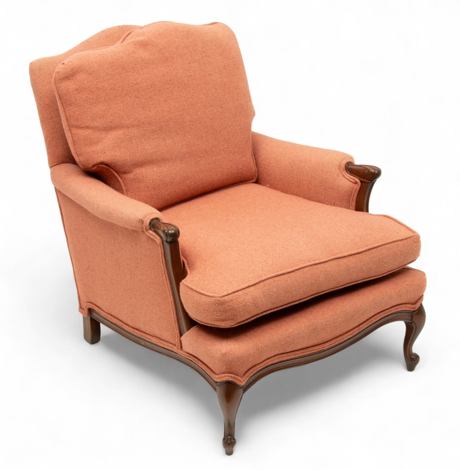 Louis XV Style Wool Upholstered Armchair, Ca. 1970, H 33" W 28" Depth 34": Louis XV Style Wool Upholstered Armchair, Ca. 1970, H 33" W 28" Depth 34" | Upholstered in blush tone wool upholstery. with carved walnut frame with scalloped skirt and cabriole front legs. Provenance