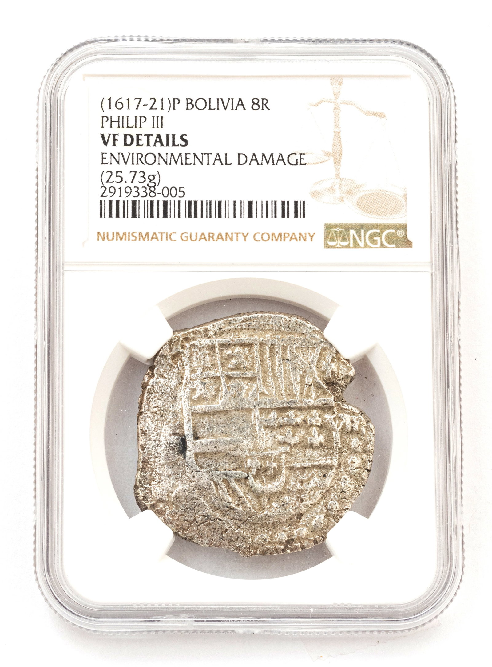 1617-1621 P Bolivia Philip III 8 Reales Coin, Dia. 1.25" 25.73g (NGC Graded VF Details) (1 of 2)